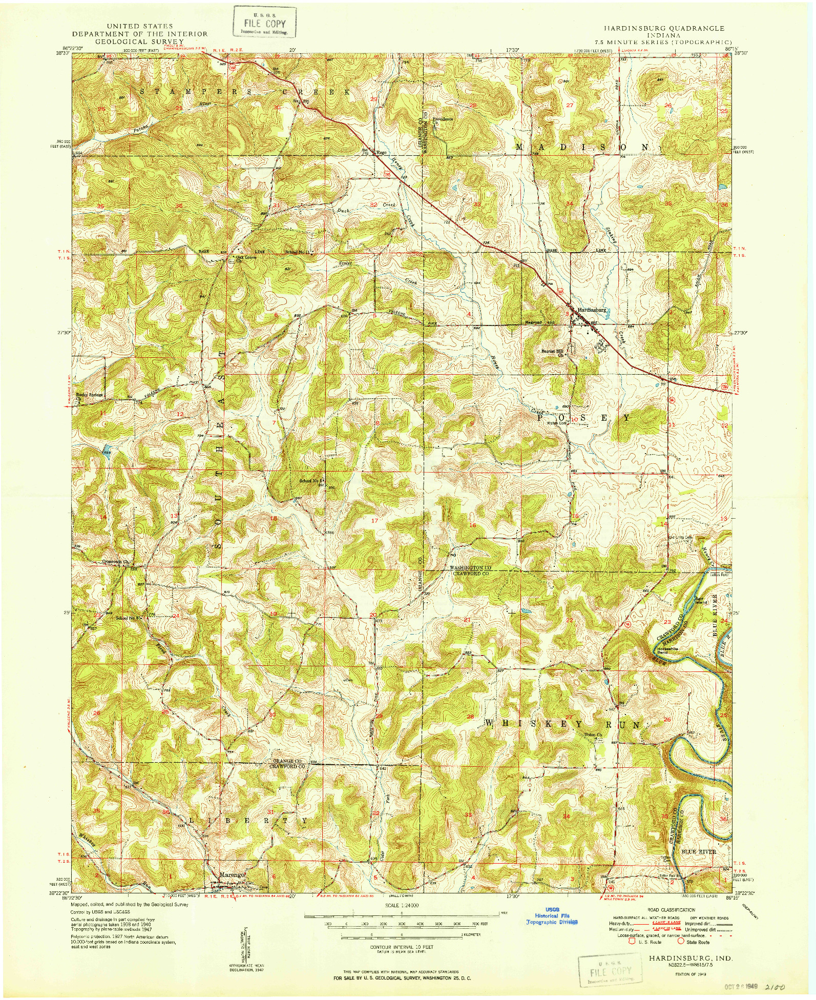USGS 1:24000-SCALE QUADRANGLE FOR HARDINSBURG, IN 1949