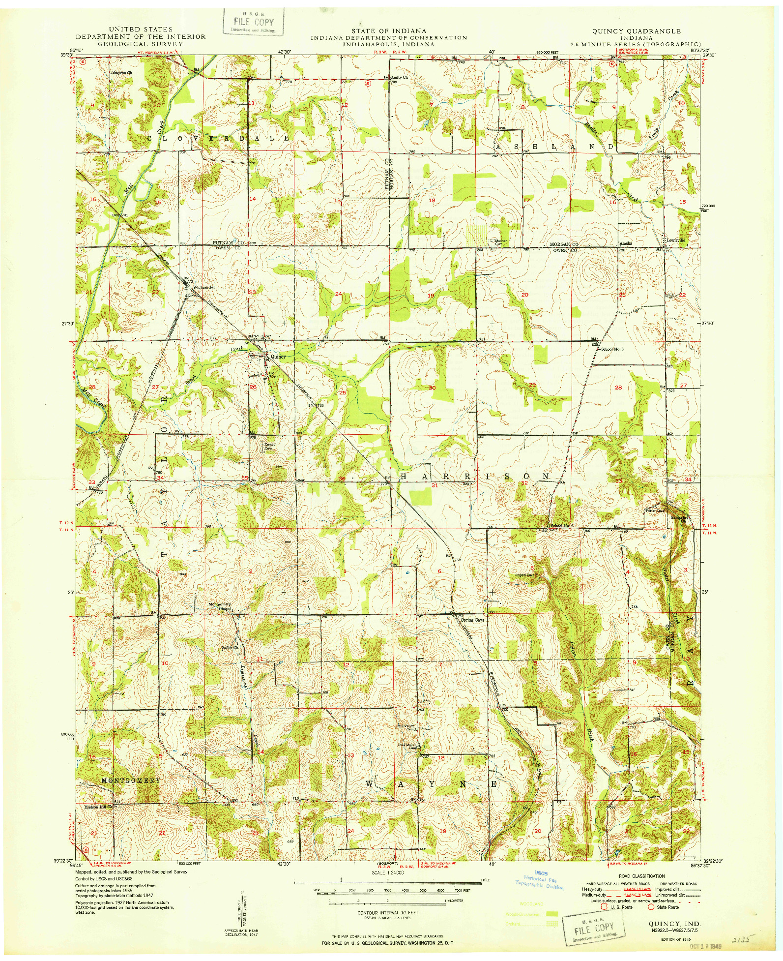 USGS 1:24000-SCALE QUADRANGLE FOR QUINCY, IN 1949