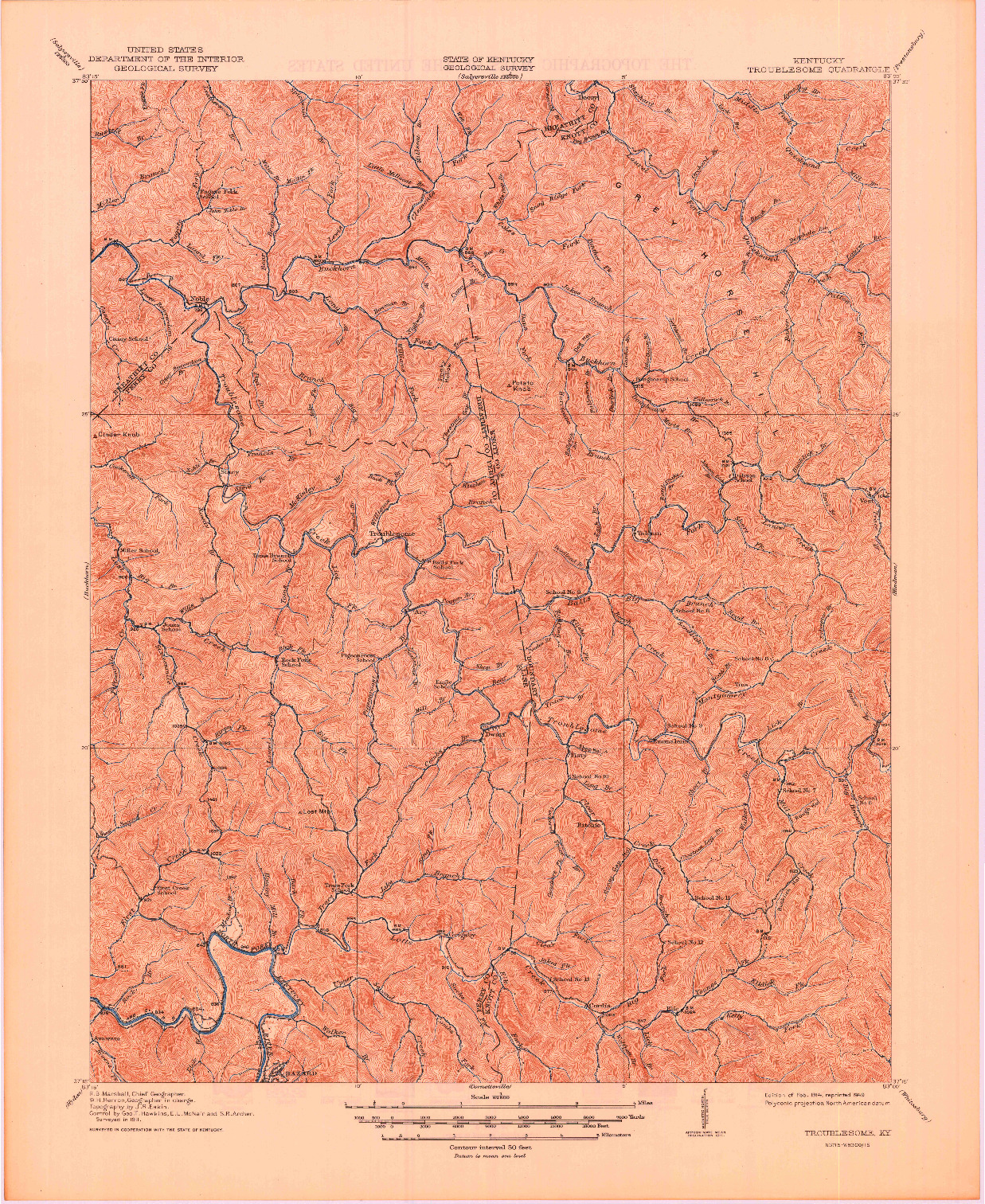USGS 1:62500-SCALE QUADRANGLE FOR TROUBLESOME, KY 1914