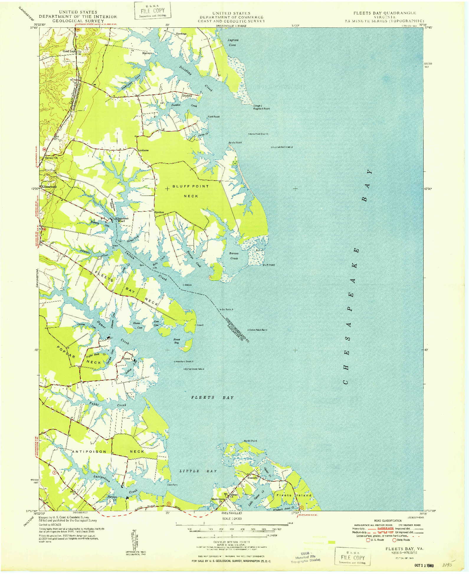USGS 1:24000-SCALE QUADRANGLE FOR FLEETS BAY, VA 1949