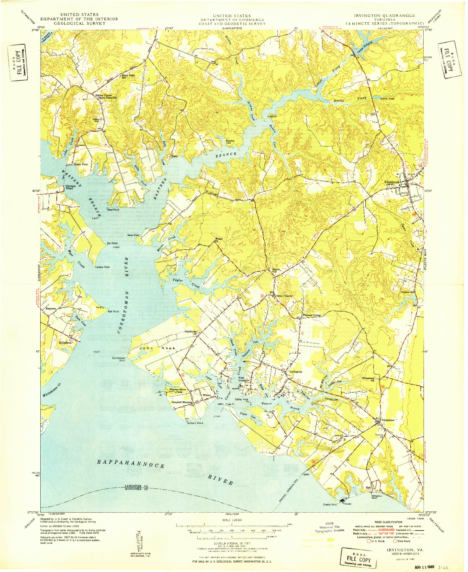 USGS 1:24000-SCALE QUADRANGLE FOR IRVINGTON, VA 1949