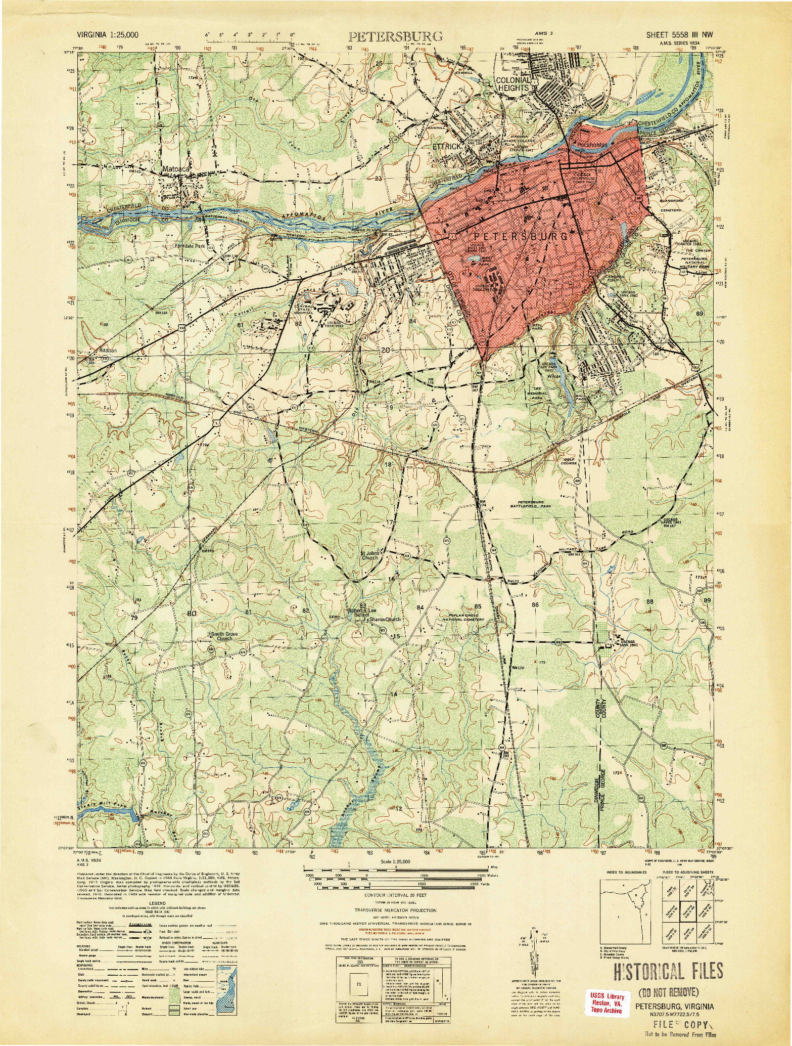 USGS 1:25000-SCALE QUADRANGLE FOR PETERSBURG, VA 1949