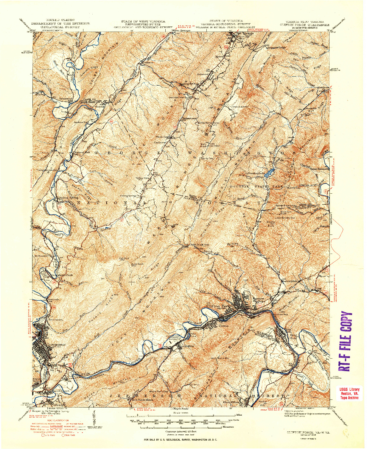 USGS 1:62500-SCALE QUADRANGLE FOR CLIFTON FORGE, VA 1949