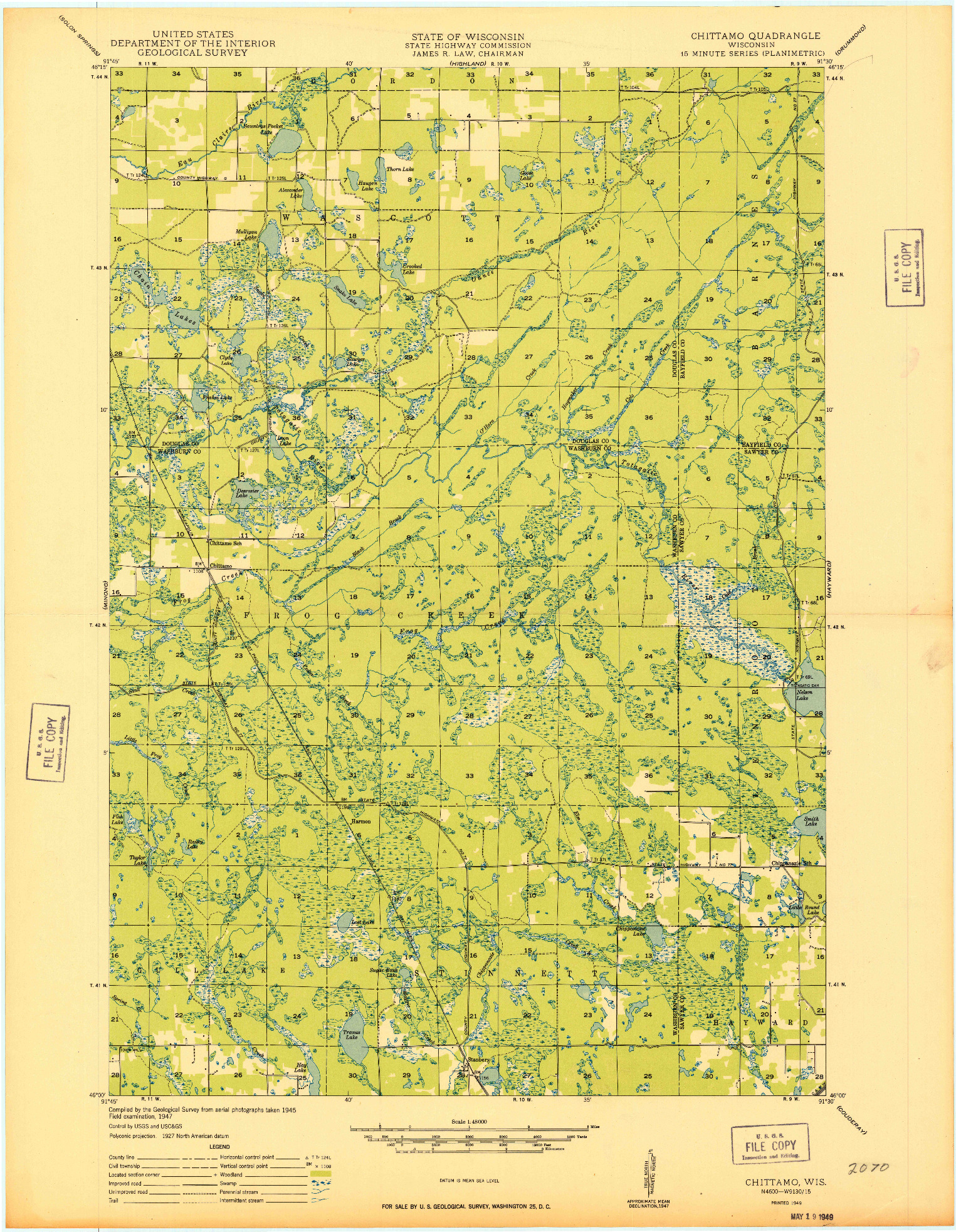 USGS 1:48000-SCALE QUADRANGLE FOR CHITTAMO, WI 1949