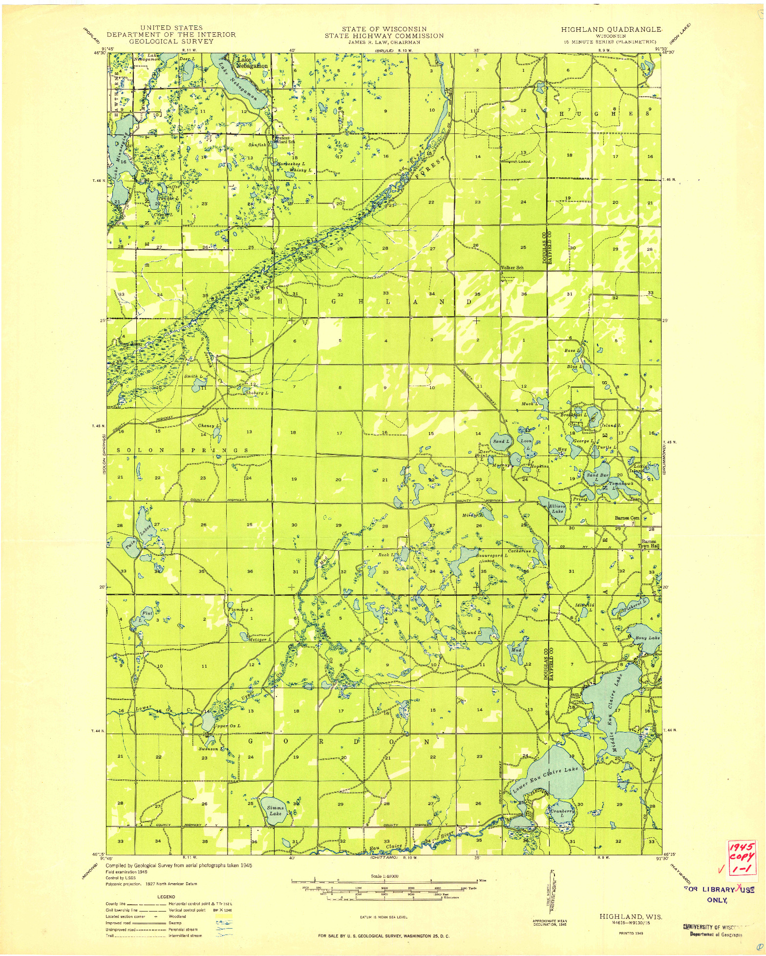 USGS 1:48000-SCALE QUADRANGLE FOR HIGHLAND, WI 1949