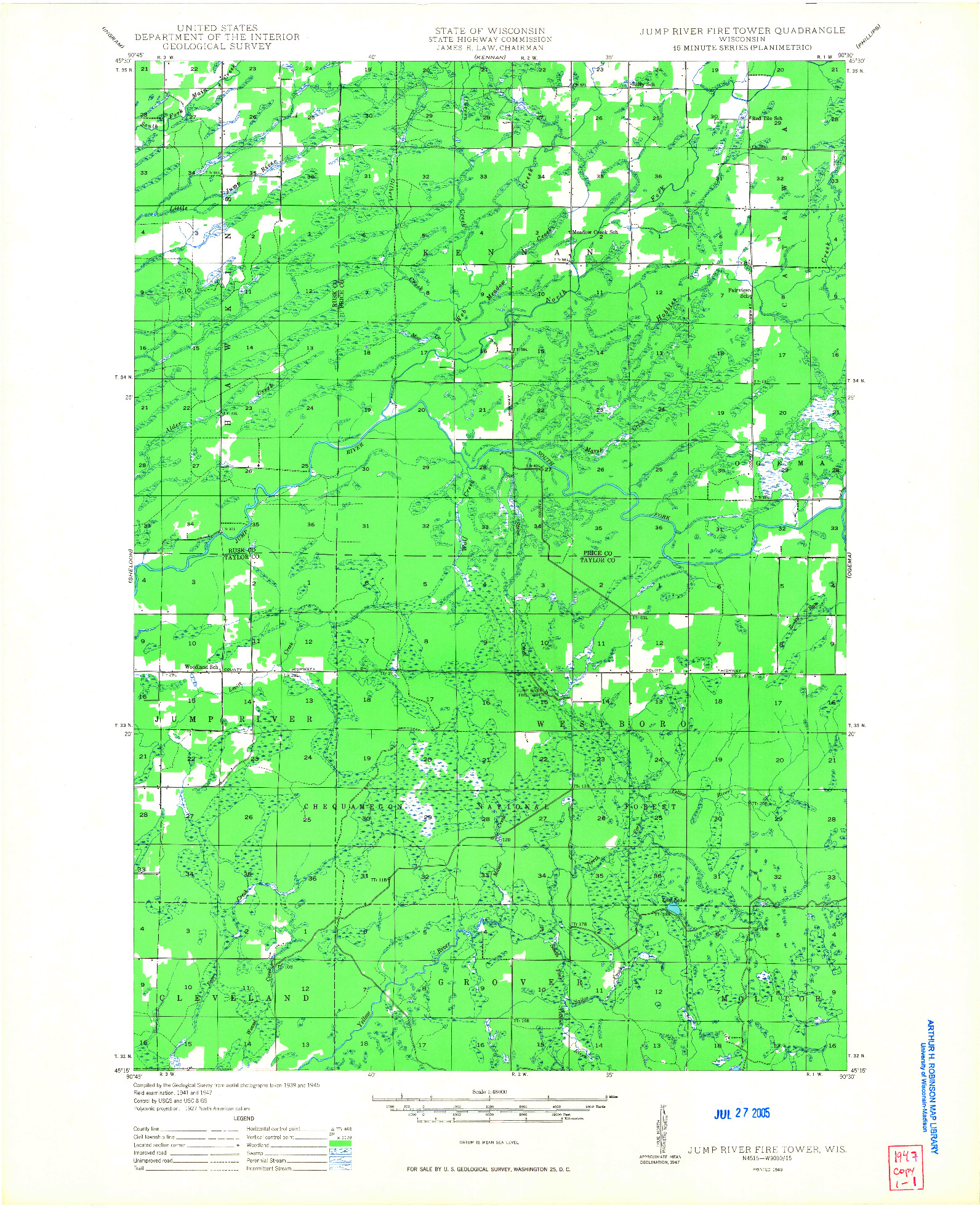 USGS 1:48000-SCALE QUADRANGLE FOR JUMP RIVER FIRE TOWER, WI 1949