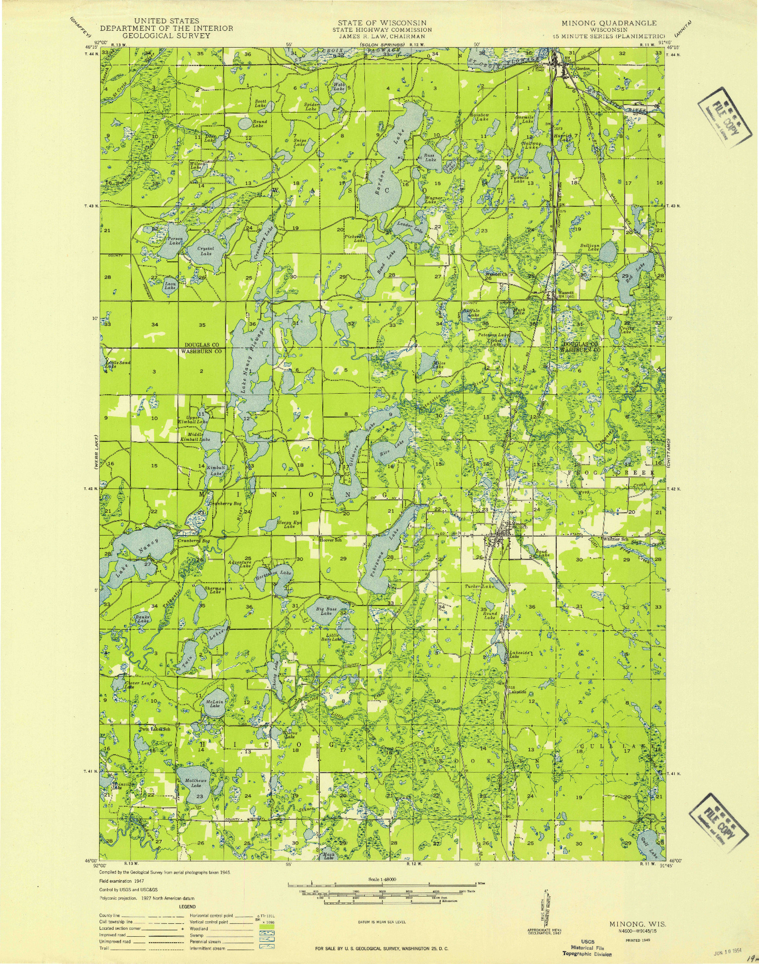 USGS 1:48000-SCALE QUADRANGLE FOR MINONG, WI 1949
