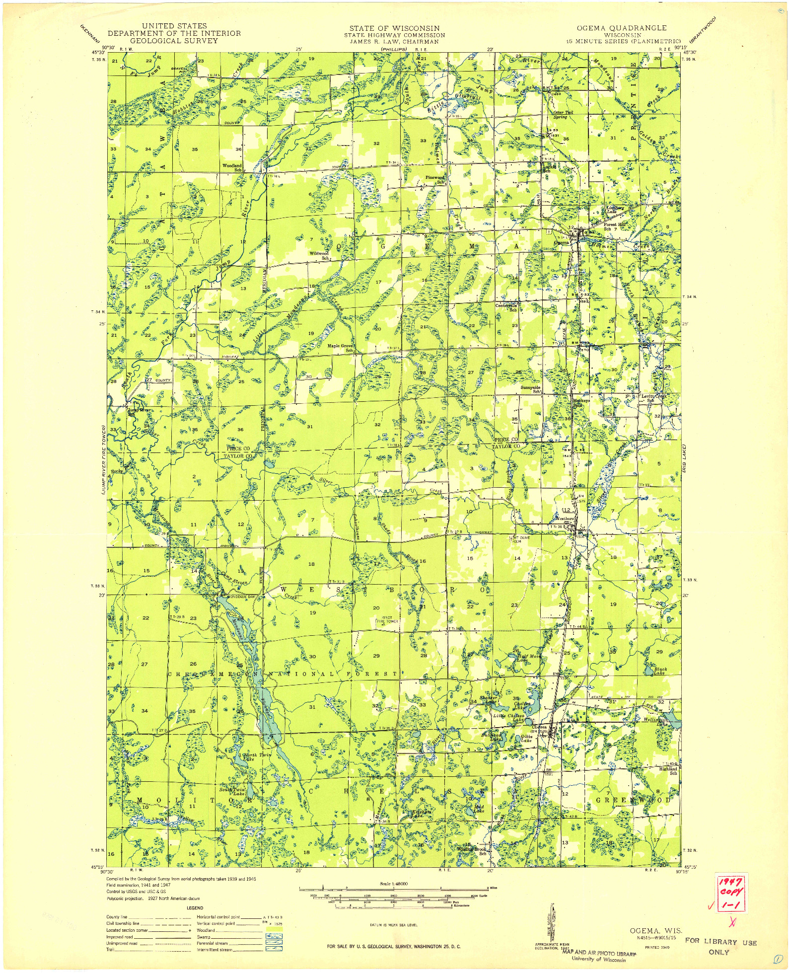 USGS 1:48000-SCALE QUADRANGLE FOR OGEMA, WI 1949