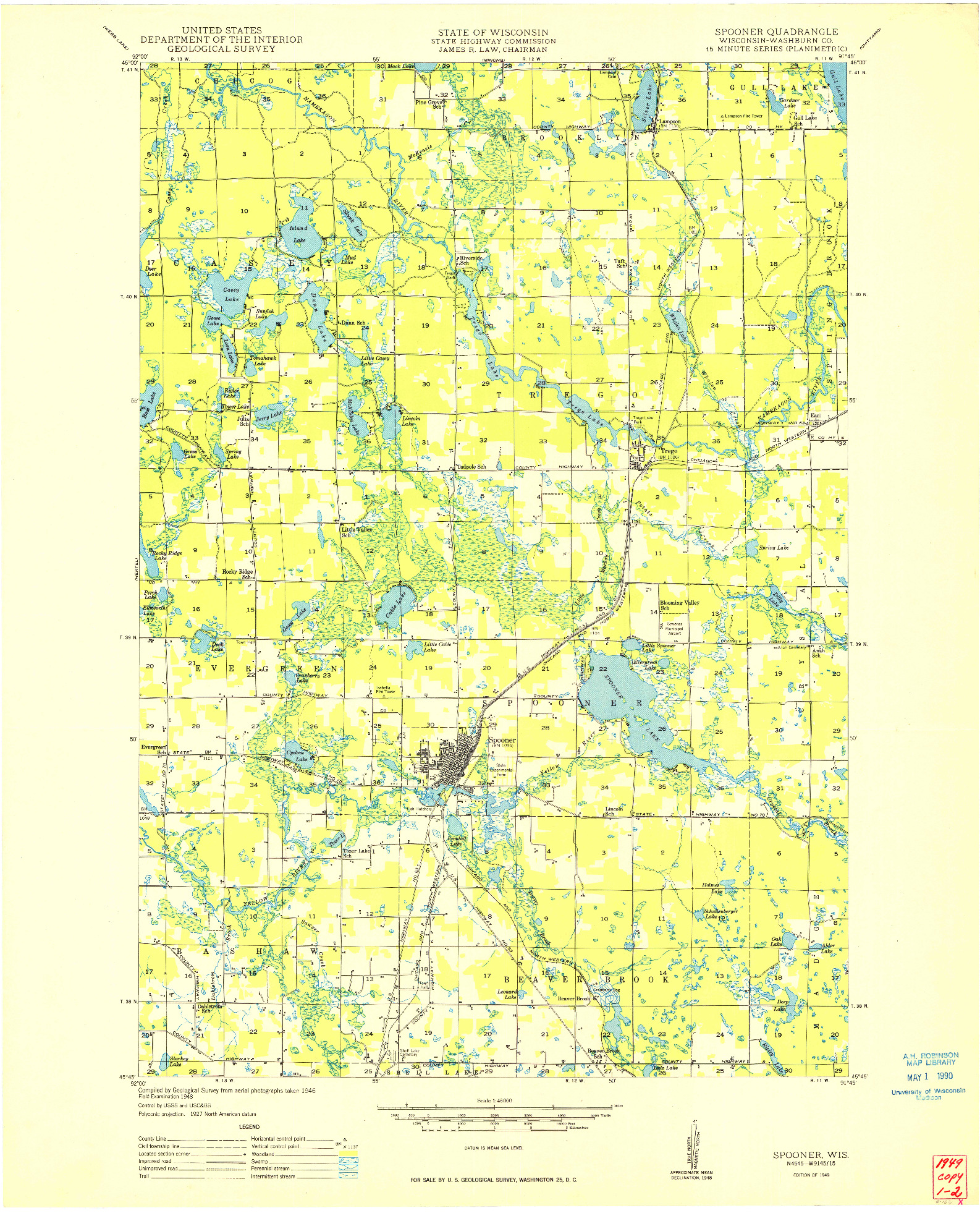 USGS 1:48000-SCALE QUADRANGLE FOR SPOONER, WI 1949