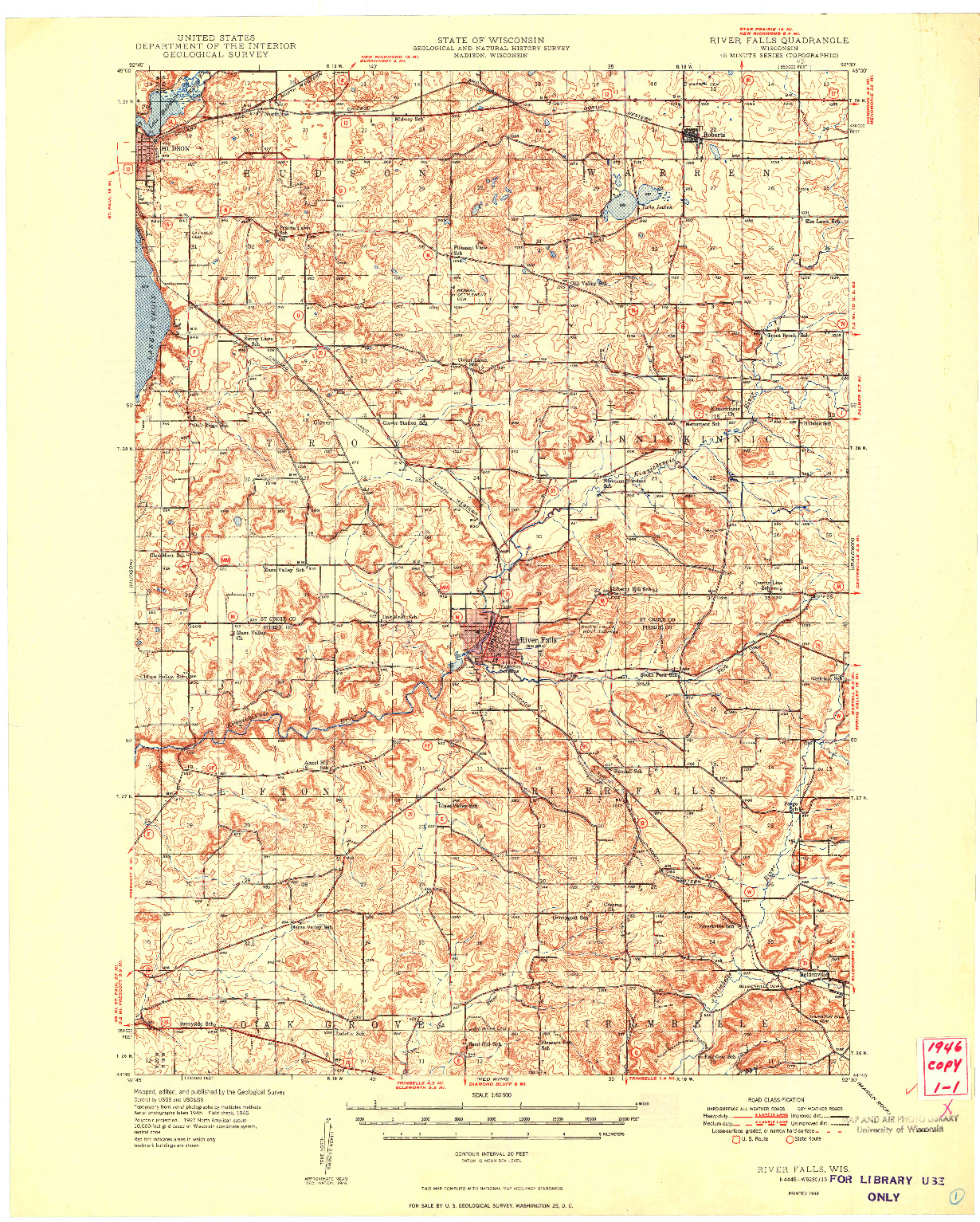 USGS 1:62500-SCALE QUADRANGLE FOR RIVER FALLS, WI 1949
