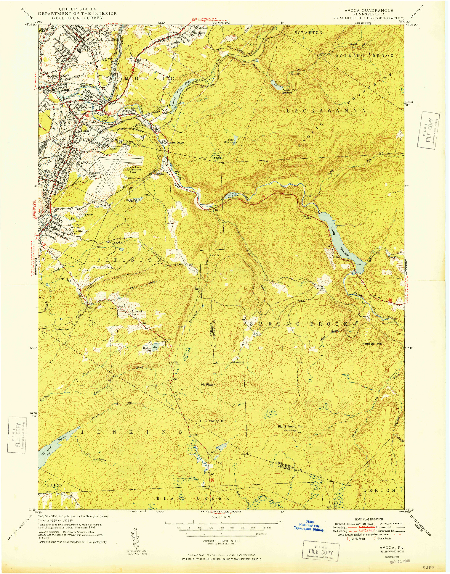 USGS 1:24000-SCALE QUADRANGLE FOR AVOCA, PA 1949