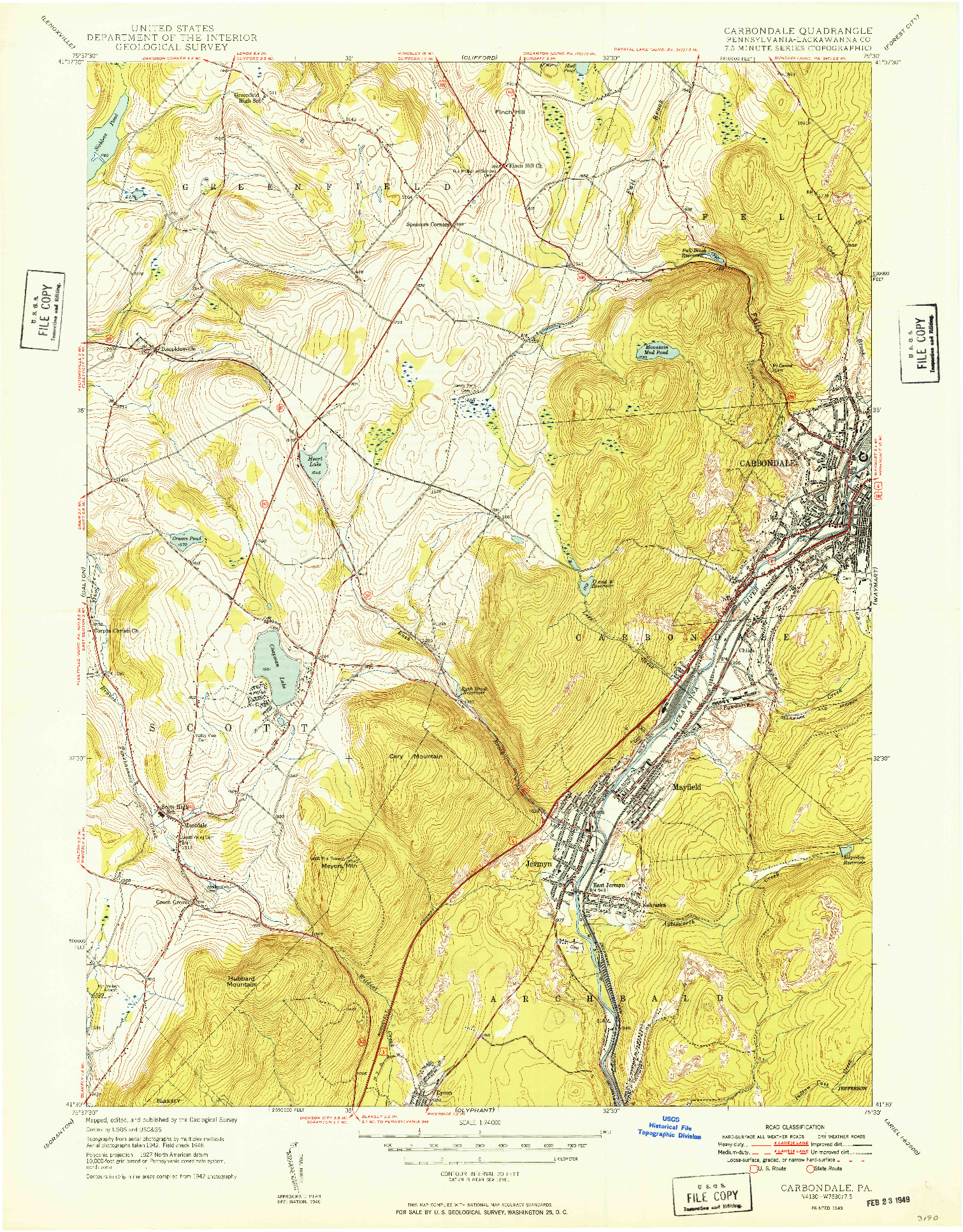 USGS 1:24000-SCALE QUADRANGLE FOR CARBONDALE, PA 1949
