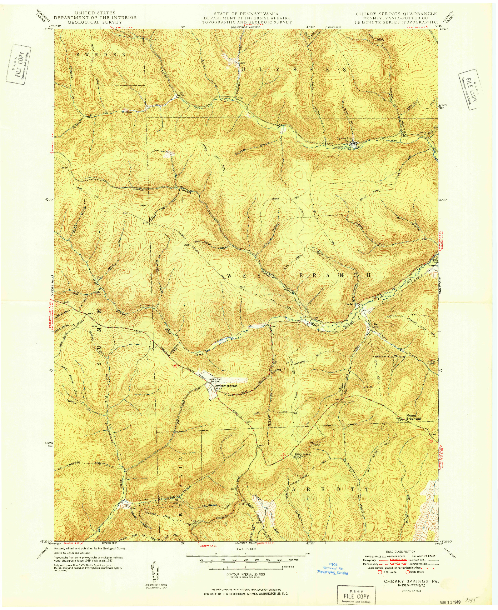 USGS 1:24000-SCALE QUADRANGLE FOR CHERRY SPRINGS, PA 1949