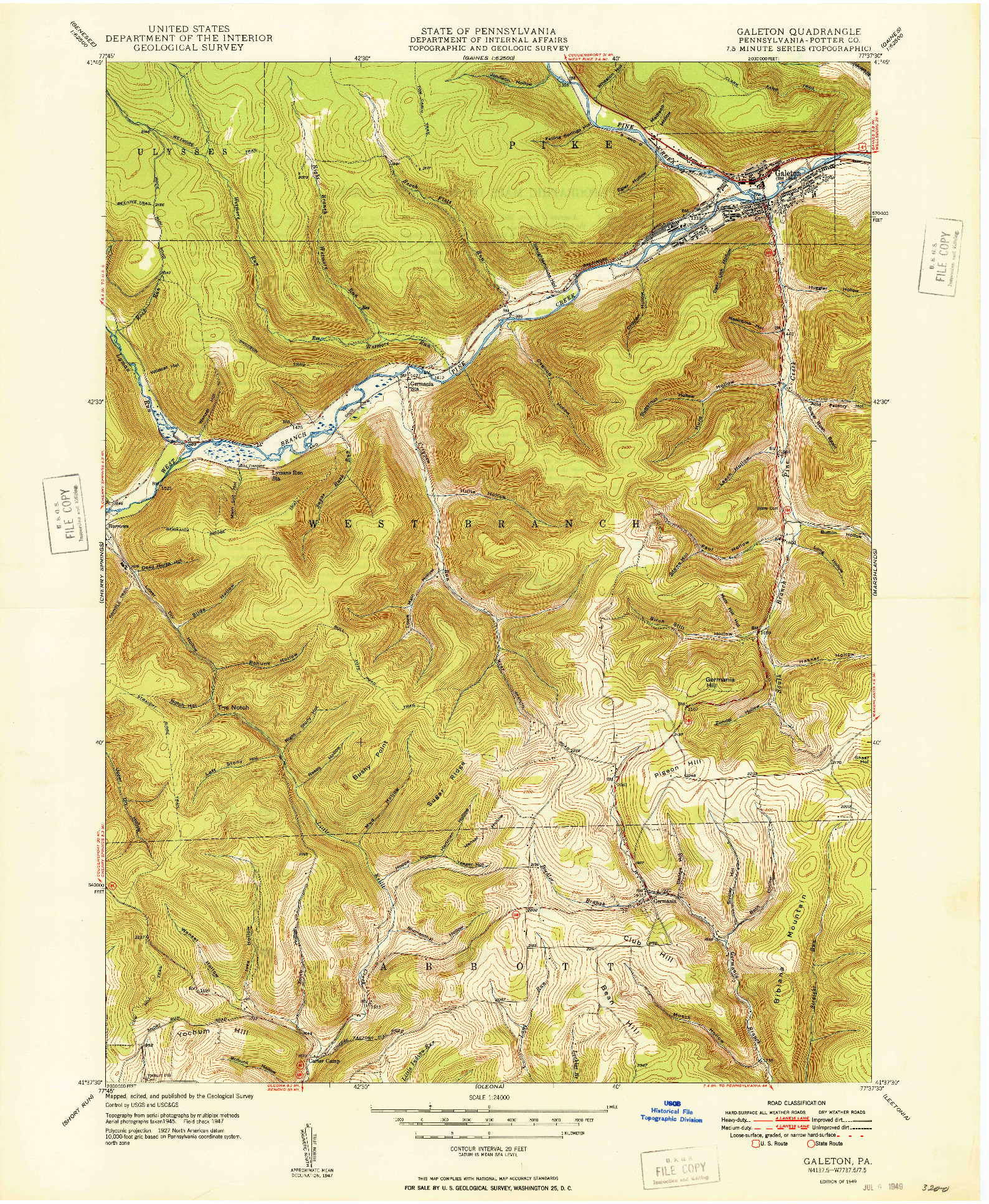 USGS 1:24000-SCALE QUADRANGLE FOR GALETON, PA 1949