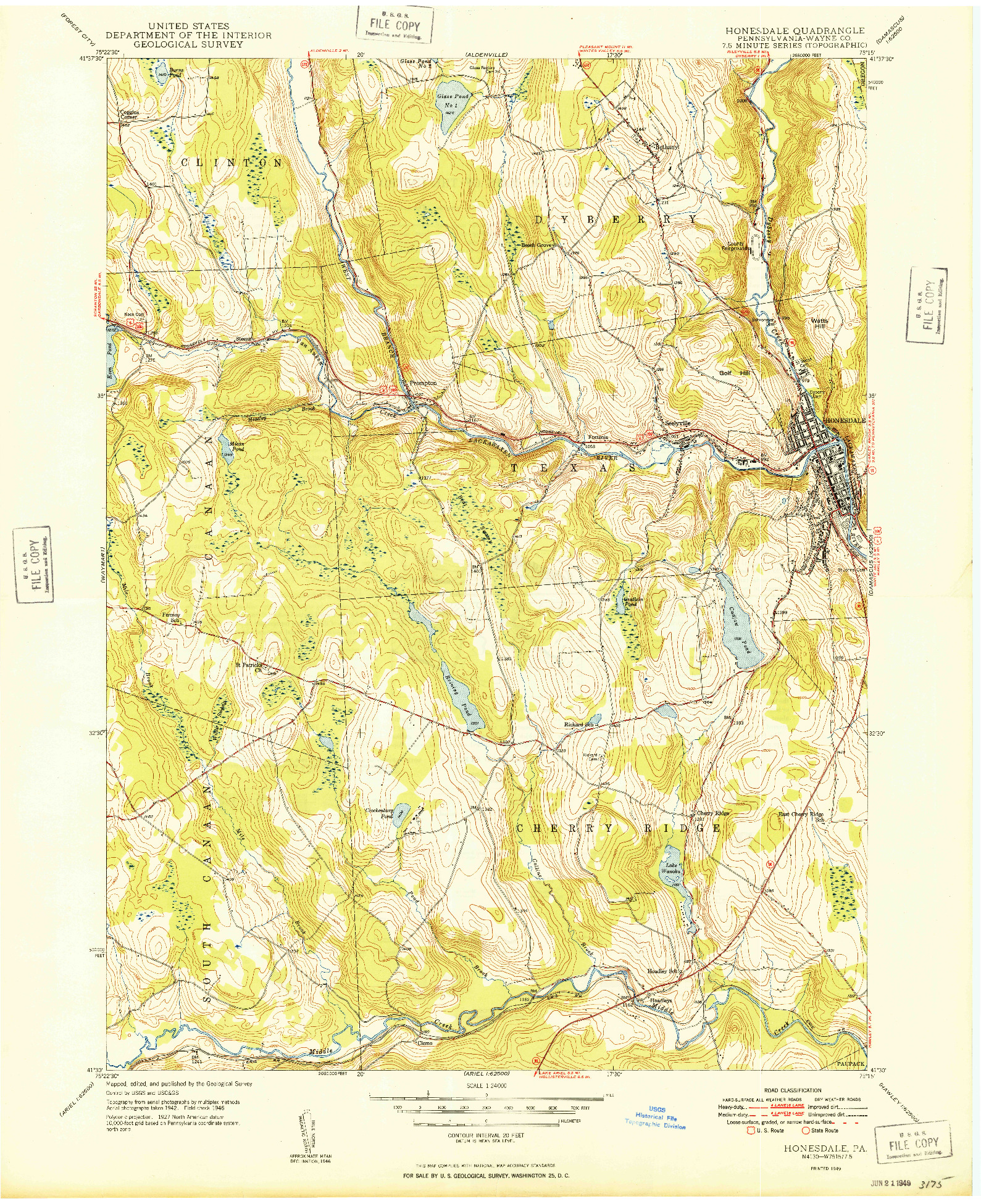 USGS 1:24000-SCALE QUADRANGLE FOR HONESDALE, PA 1949