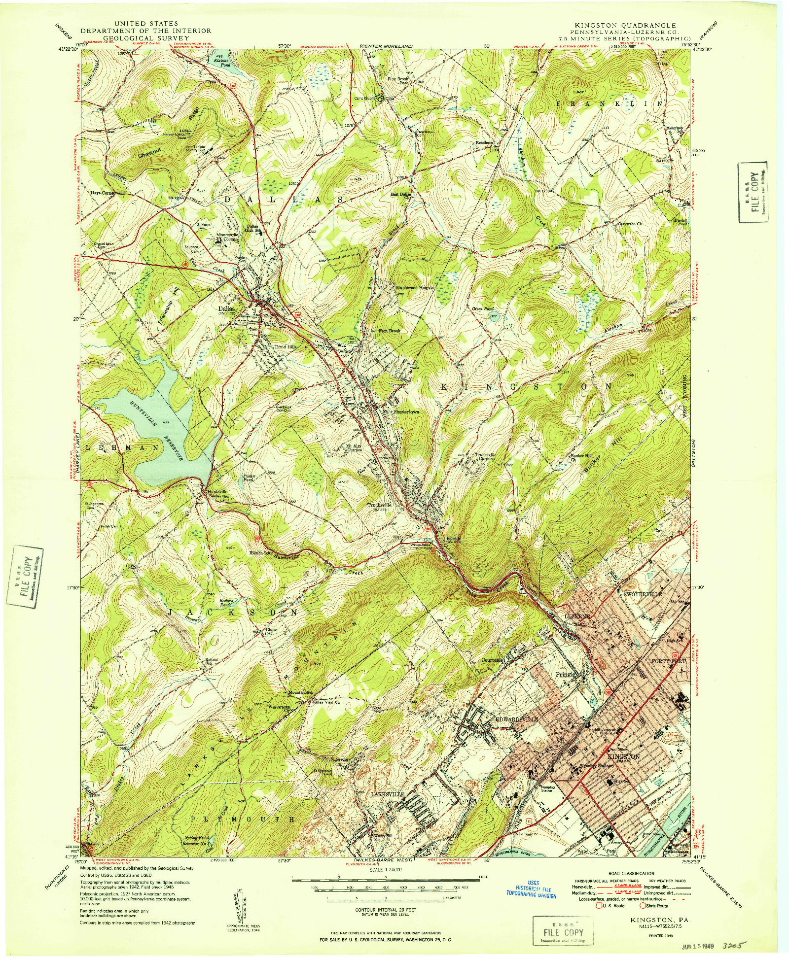 USGS 1:24000-SCALE QUADRANGLE FOR KINGSTON, PA 1949