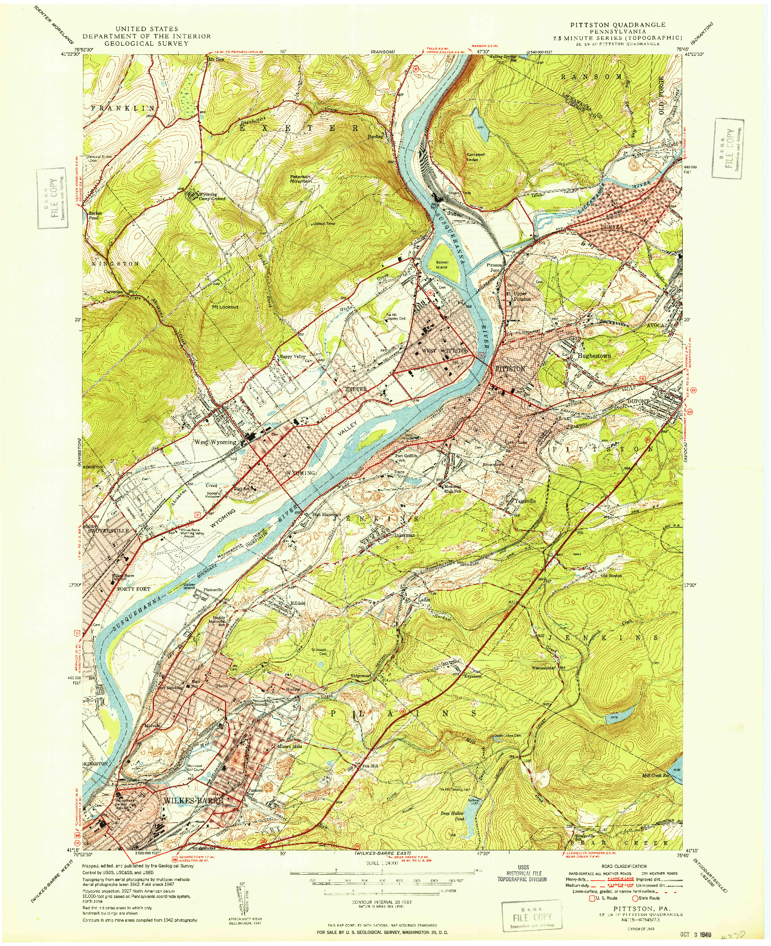 USGS 1:24000-SCALE QUADRANGLE FOR PITTSTON, PA 1949