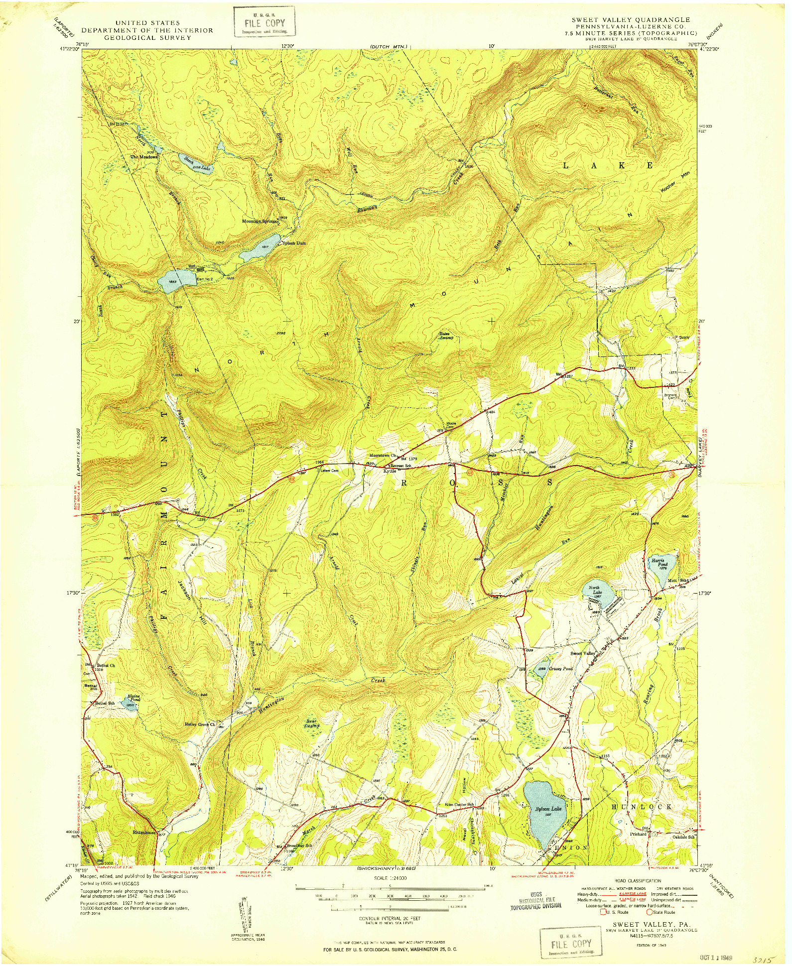 USGS 1:24000-SCALE QUADRANGLE FOR SWEET VALLEY, PA 1949