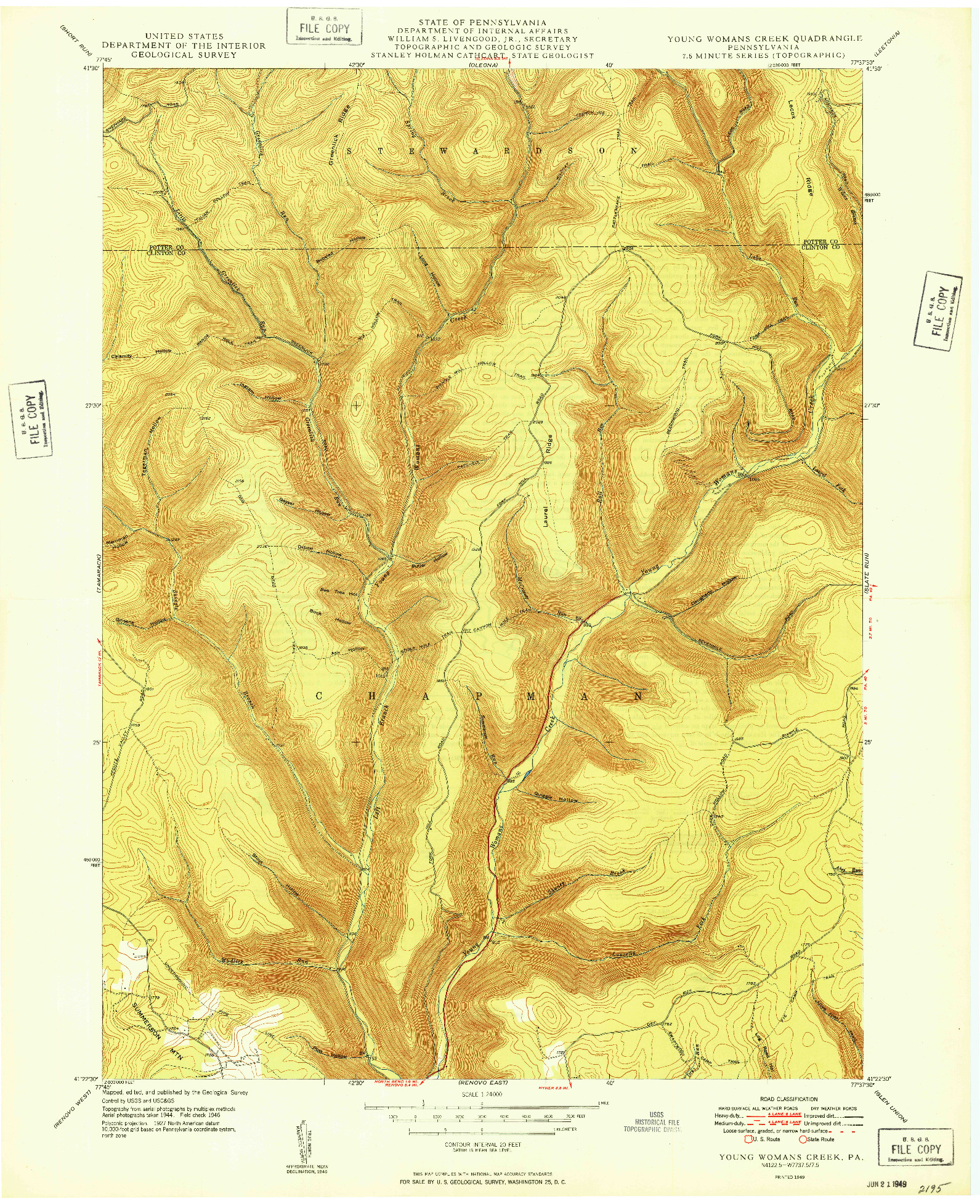 USGS 1:24000-SCALE QUADRANGLE FOR YOUNG WOMANS CREEK, PA 1949