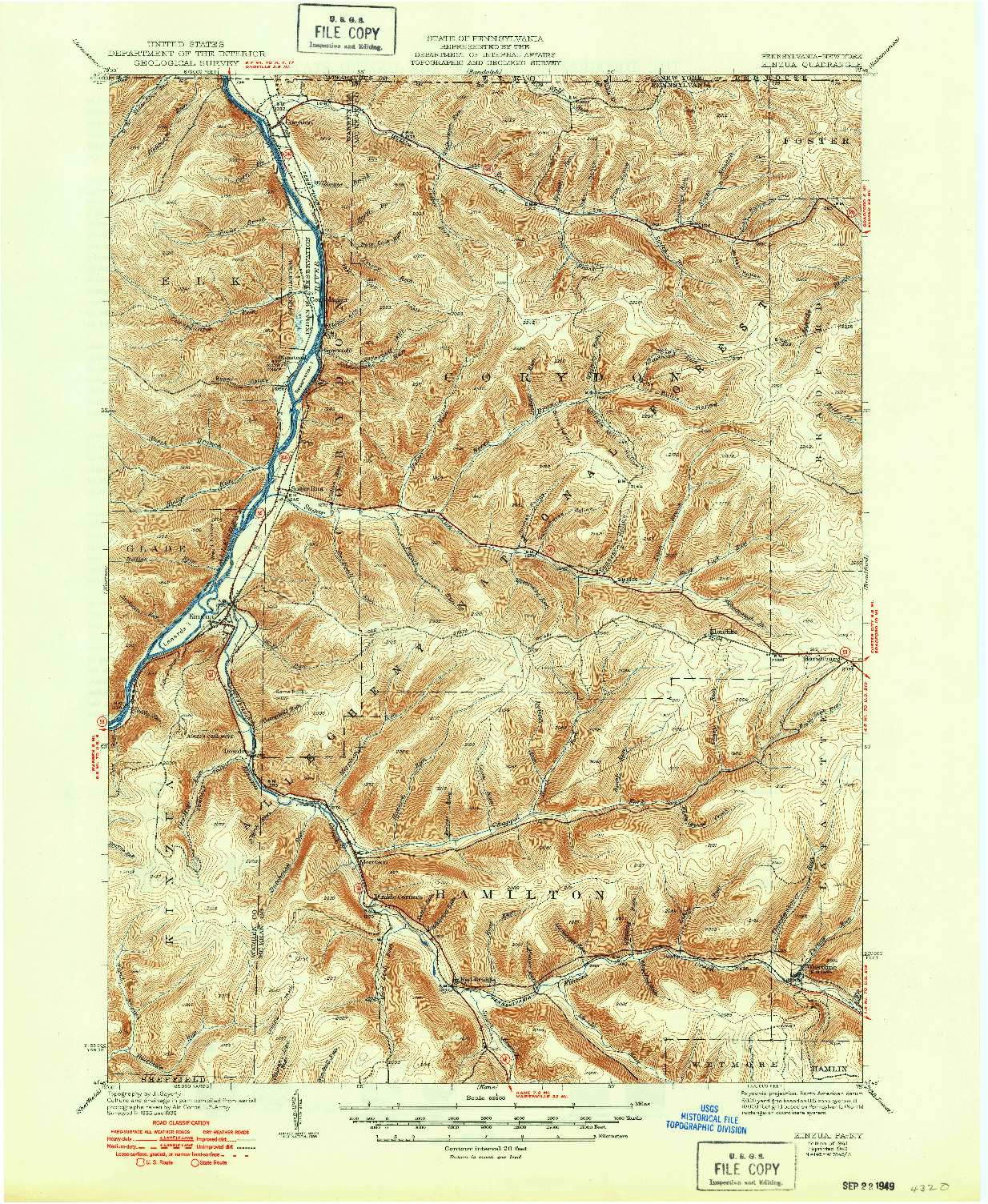 USGS 1:62500-SCALE QUADRANGLE FOR KINZUA, PA 1941