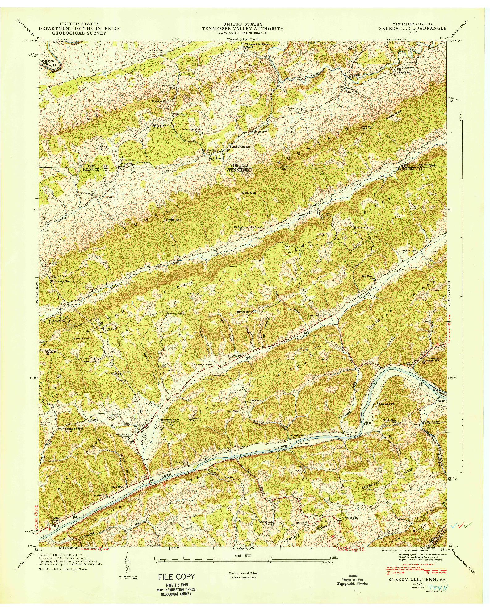USGS 1:24000-SCALE QUADRANGLE FOR SNEEDVILLE, TN 1947