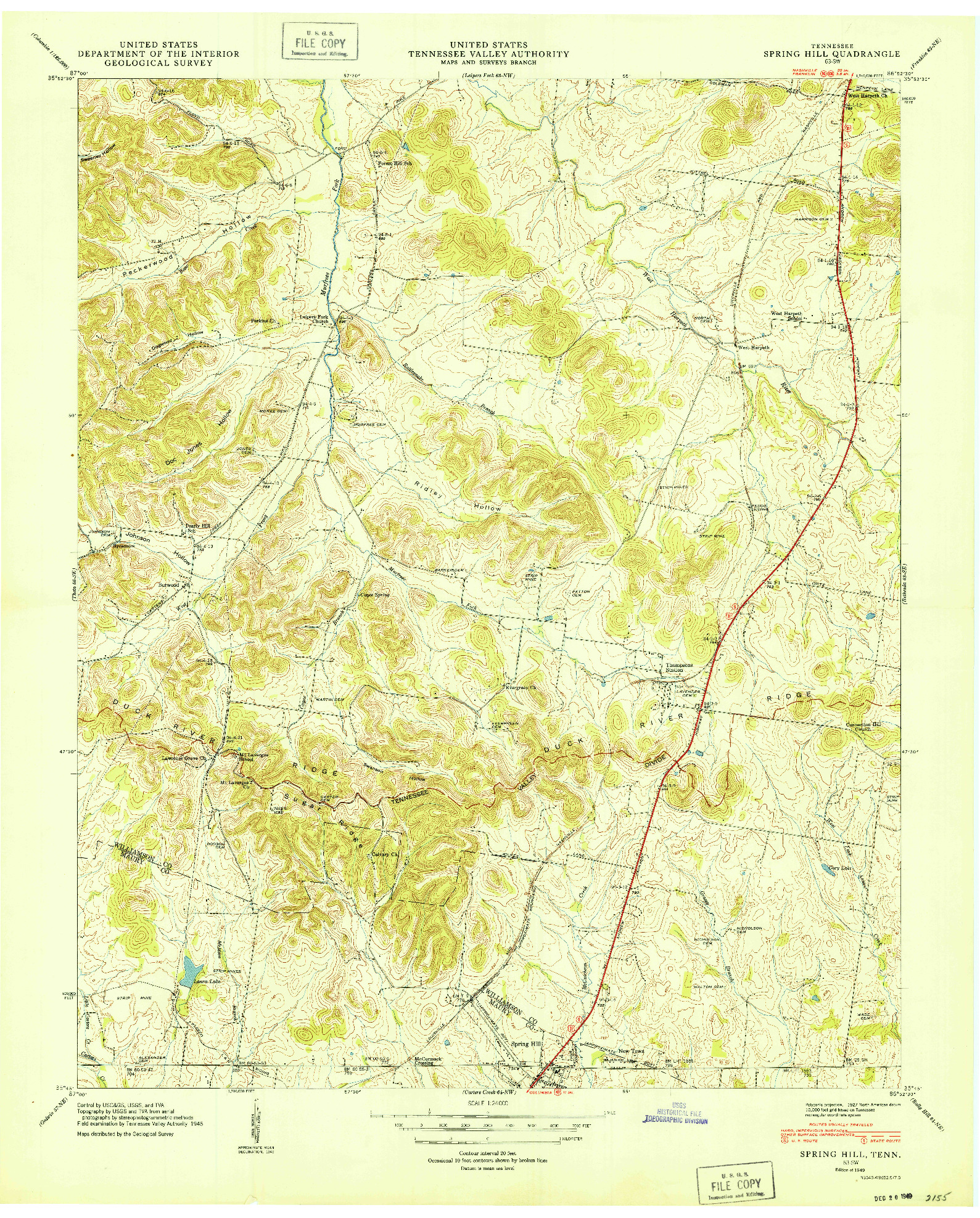 USGS 1:24000-SCALE QUADRANGLE FOR SPRING HILL, TN 1949