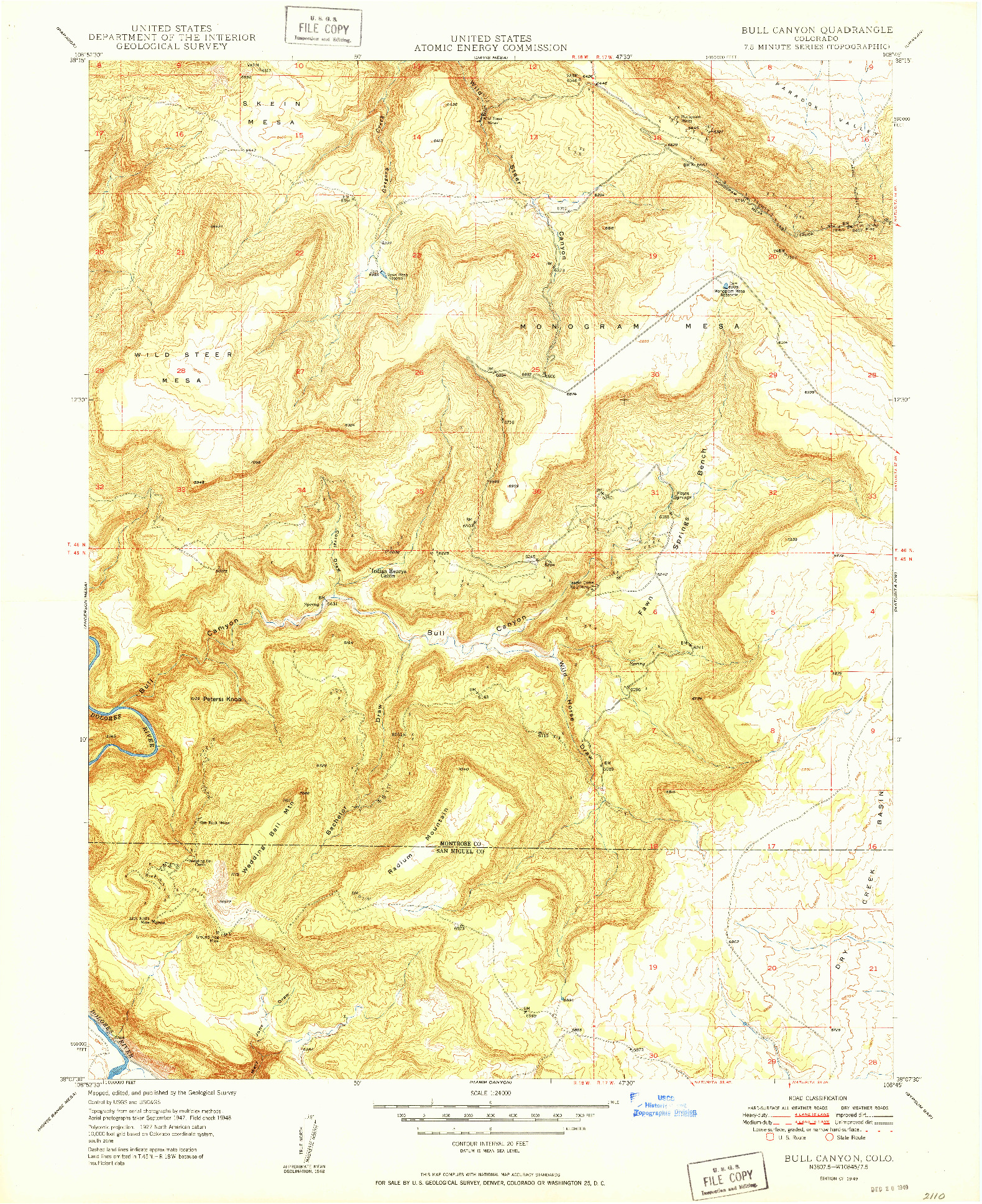 USGS 1:24000-SCALE QUADRANGLE FOR BULL CANYON, CO 1949