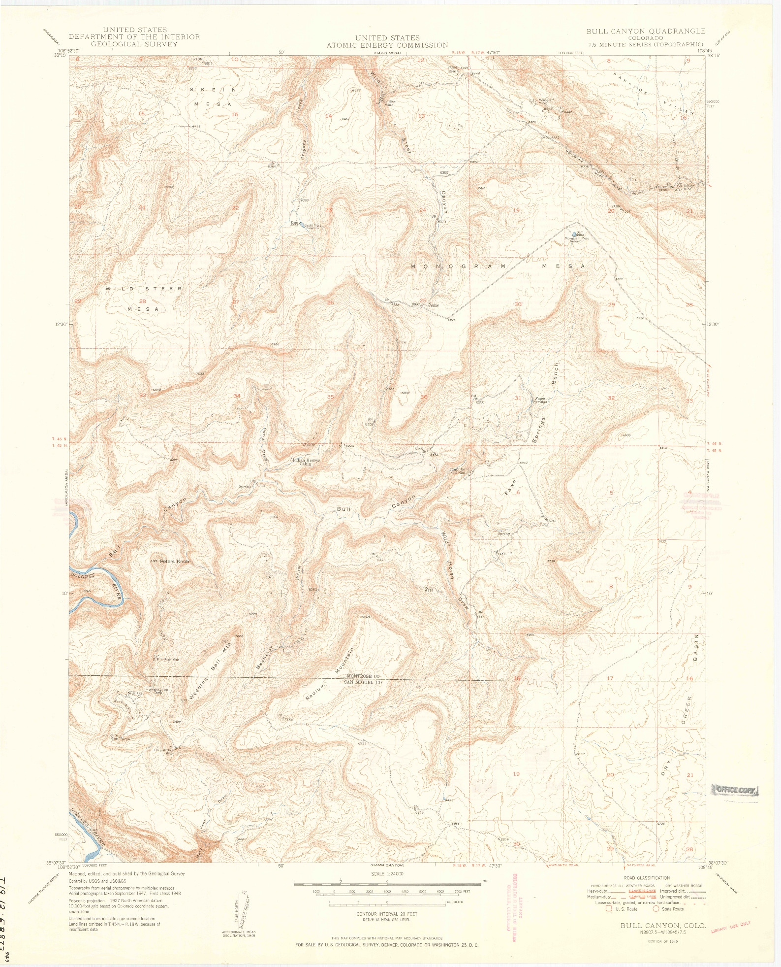 USGS 1:24000-SCALE QUADRANGLE FOR BULL CANYON, CO 1949