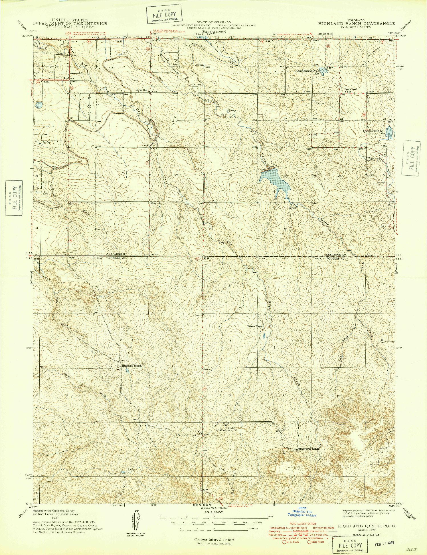 USGS 1:24000-SCALE QUADRANGLE FOR HIGHLAND RANCH, CO 1949