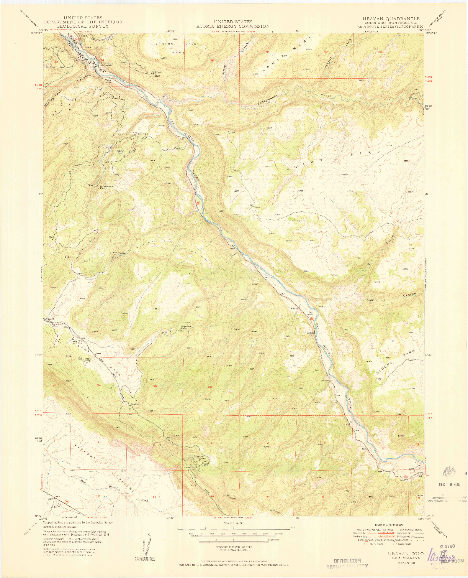 USGS 1:24000-SCALE QUADRANGLE FOR URAVAN, CO 1949