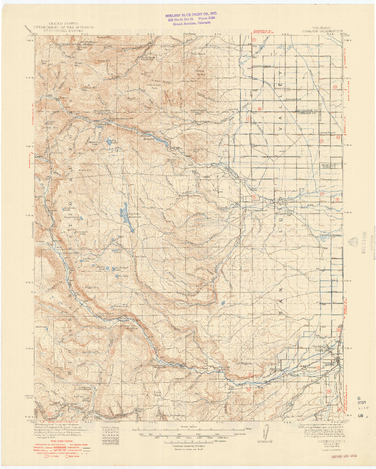 USGS 1:125000-SCALE QUADRANGLE FOR CONEJOS, CO 1922