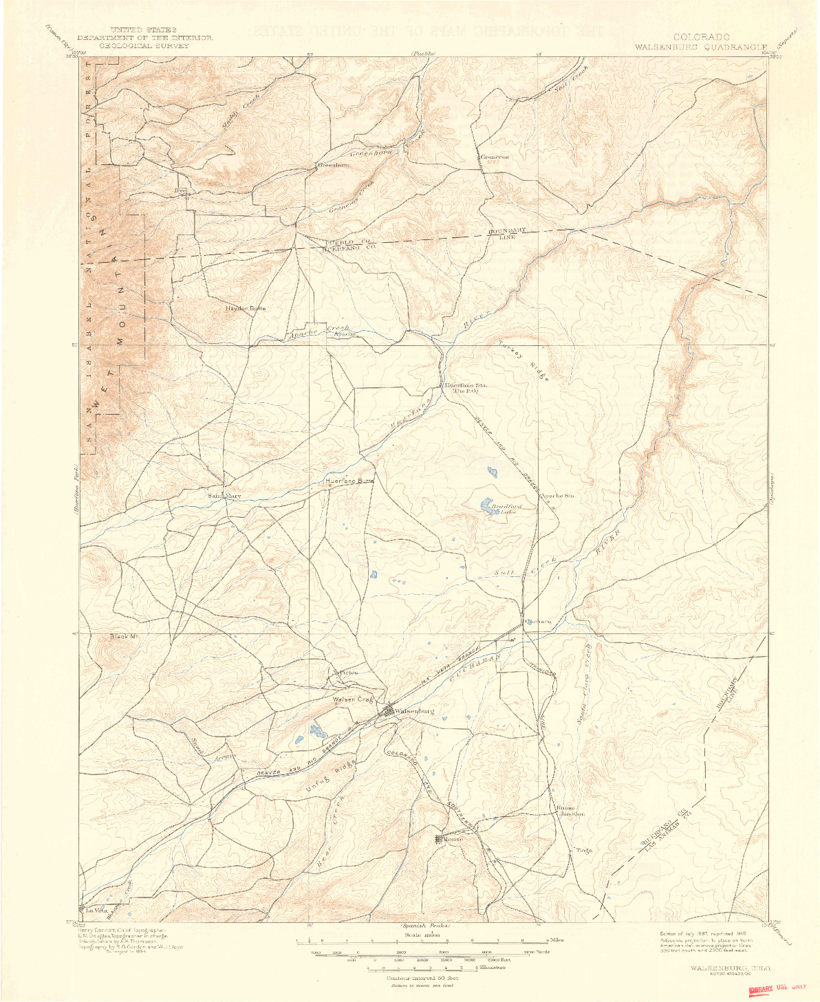 USGS 1:125000-SCALE QUADRANGLE FOR WALSENBURG, CO 1897