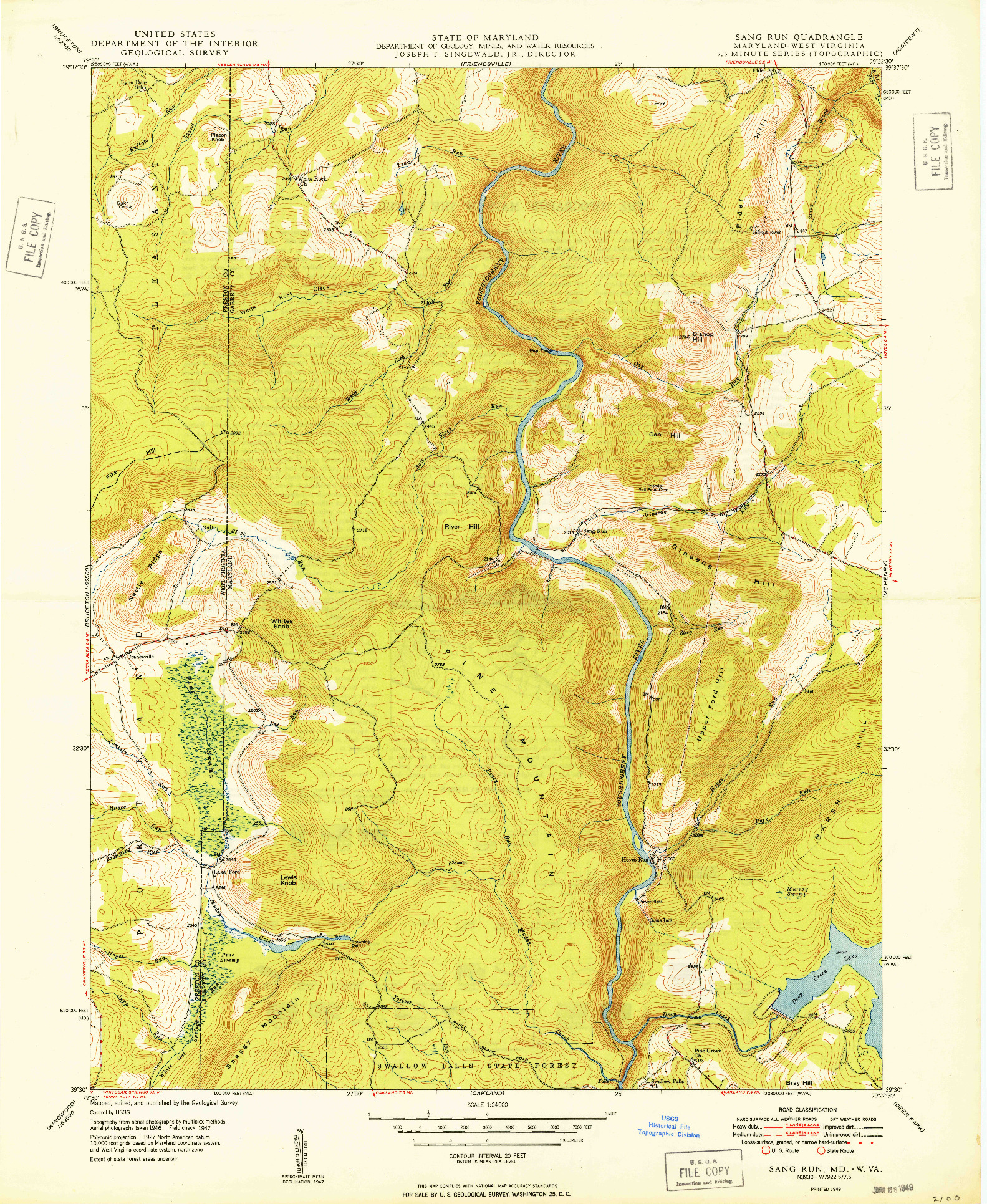 USGS 1:24000-SCALE QUADRANGLE FOR SANG RUN, MD 1949