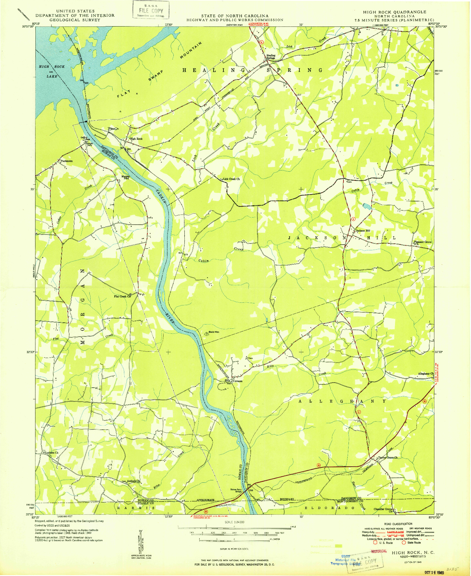 USGS 1:24000-SCALE QUADRANGLE FOR HIGH ROCK, NC 1949