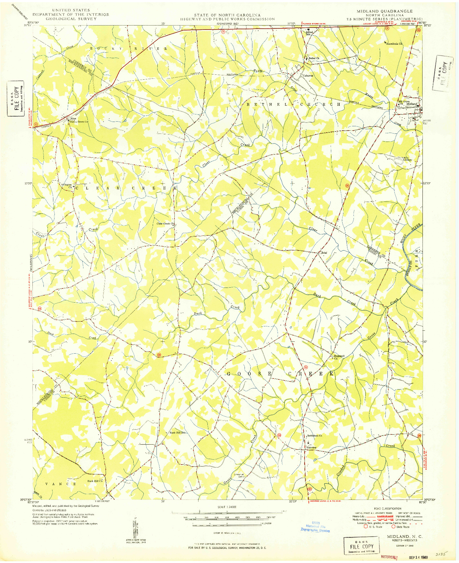 USGS 1:24000-SCALE QUADRANGLE FOR MIDLAND, NC 1949