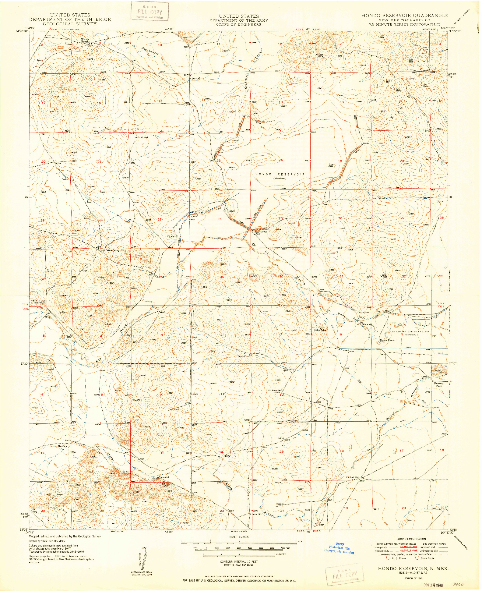 USGS 1:24000-SCALE QUADRANGLE FOR HONDO RESERVOIR, NM 1949
