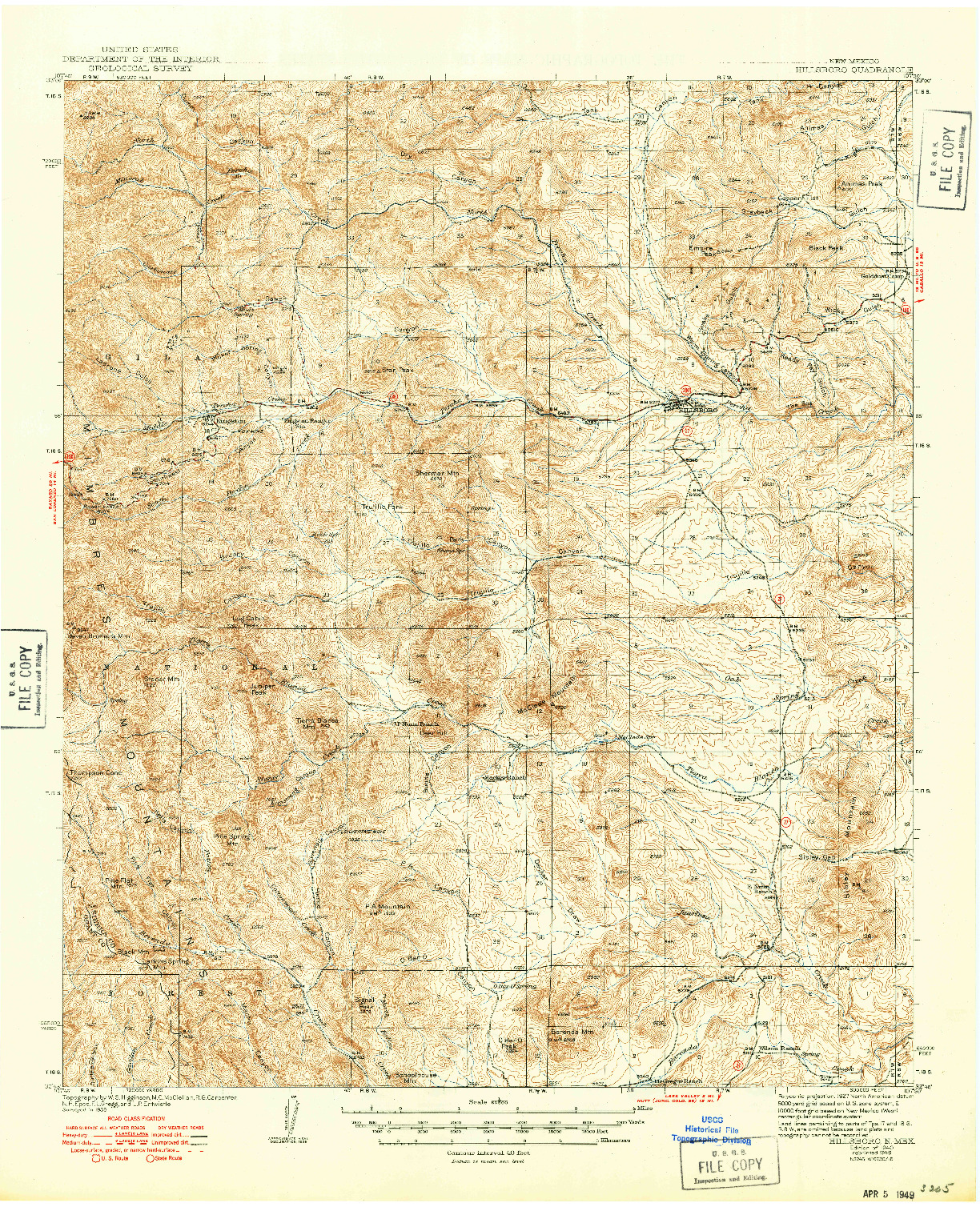 USGS 1:62500-SCALE QUADRANGLE FOR HILLSBORO, NM 1940