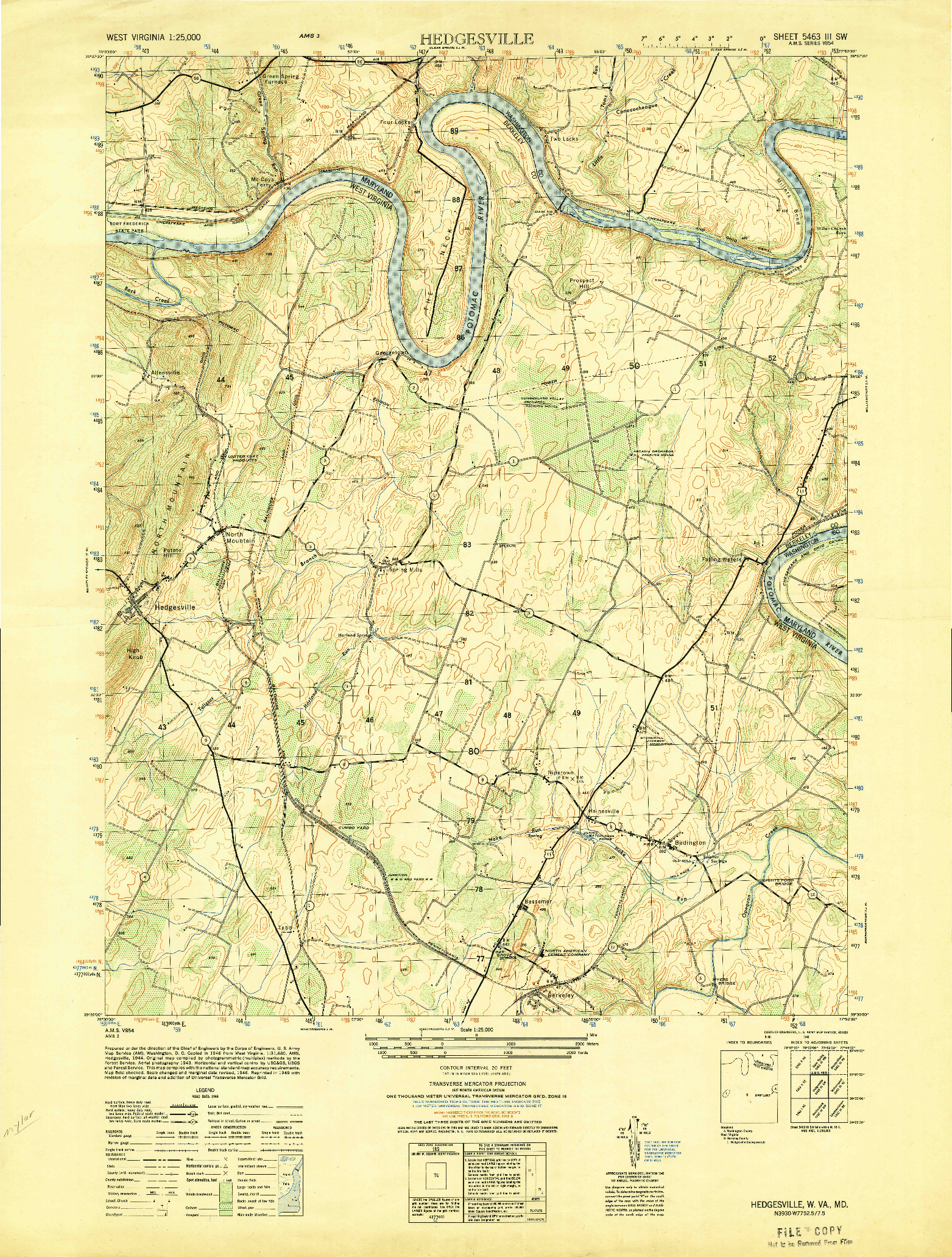 USGS 1:25000-SCALE QUADRANGLE FOR HEDGESVILLE, WV 1949