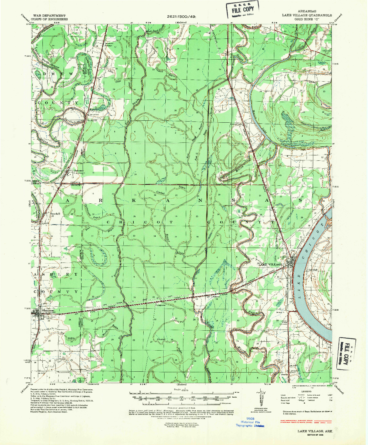 USGS 1:62500-SCALE QUADRANGLE FOR LAKE VILLAGE, AR 1936