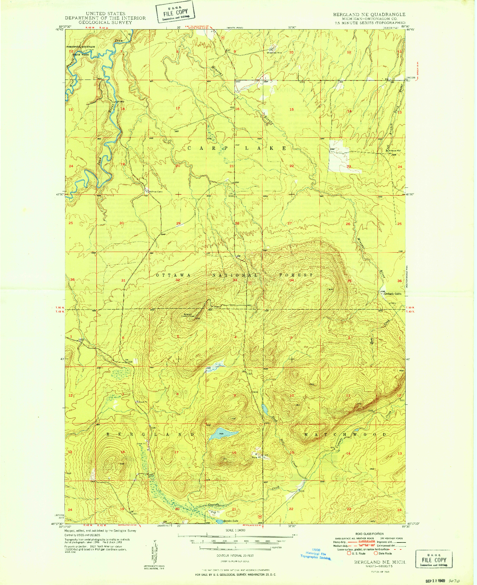 USGS 1:24000-SCALE QUADRANGLE FOR BERGLAND NE, MI 1949