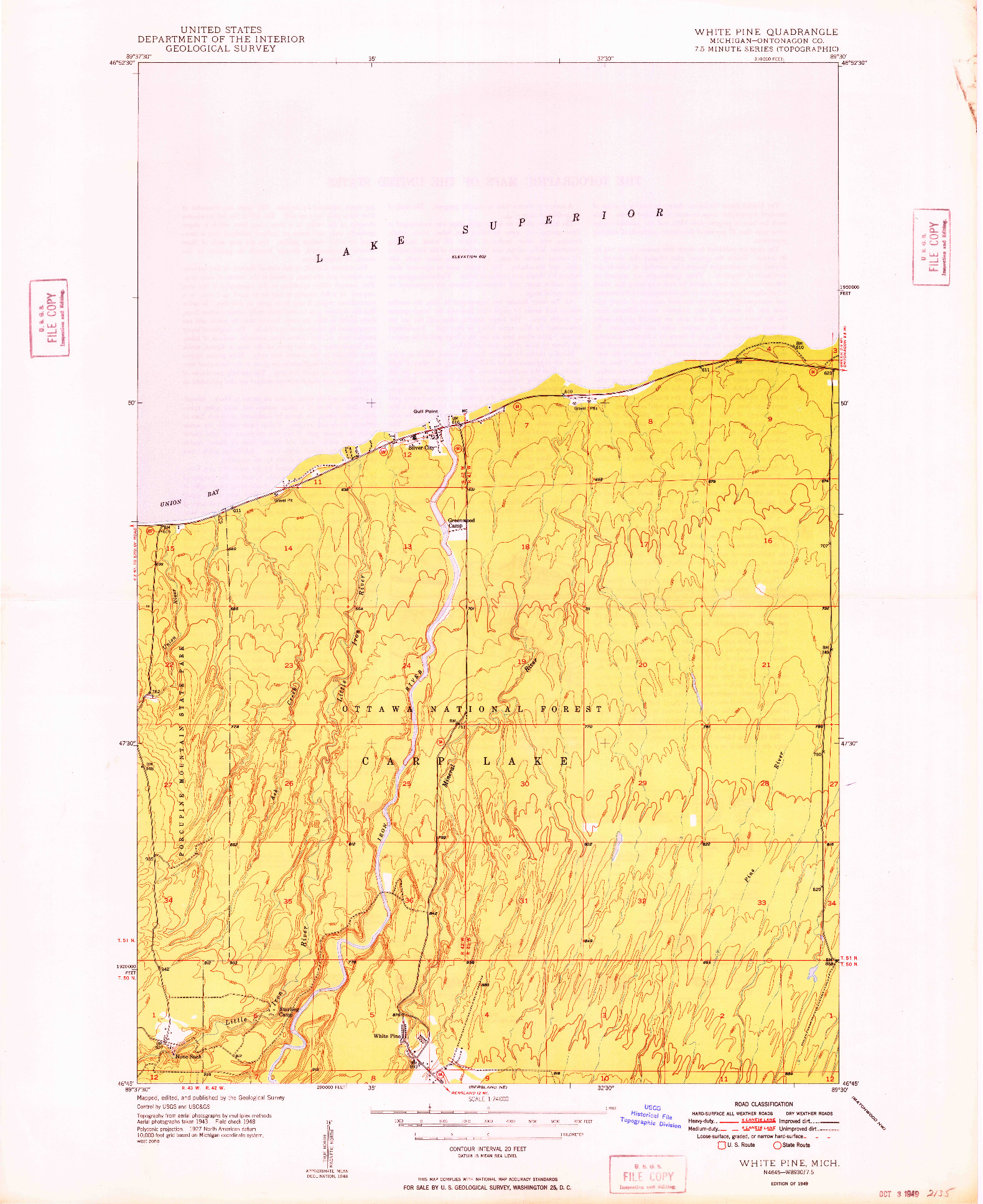 USGS 1:24000-SCALE QUADRANGLE FOR WHITE PINE, MI 1949