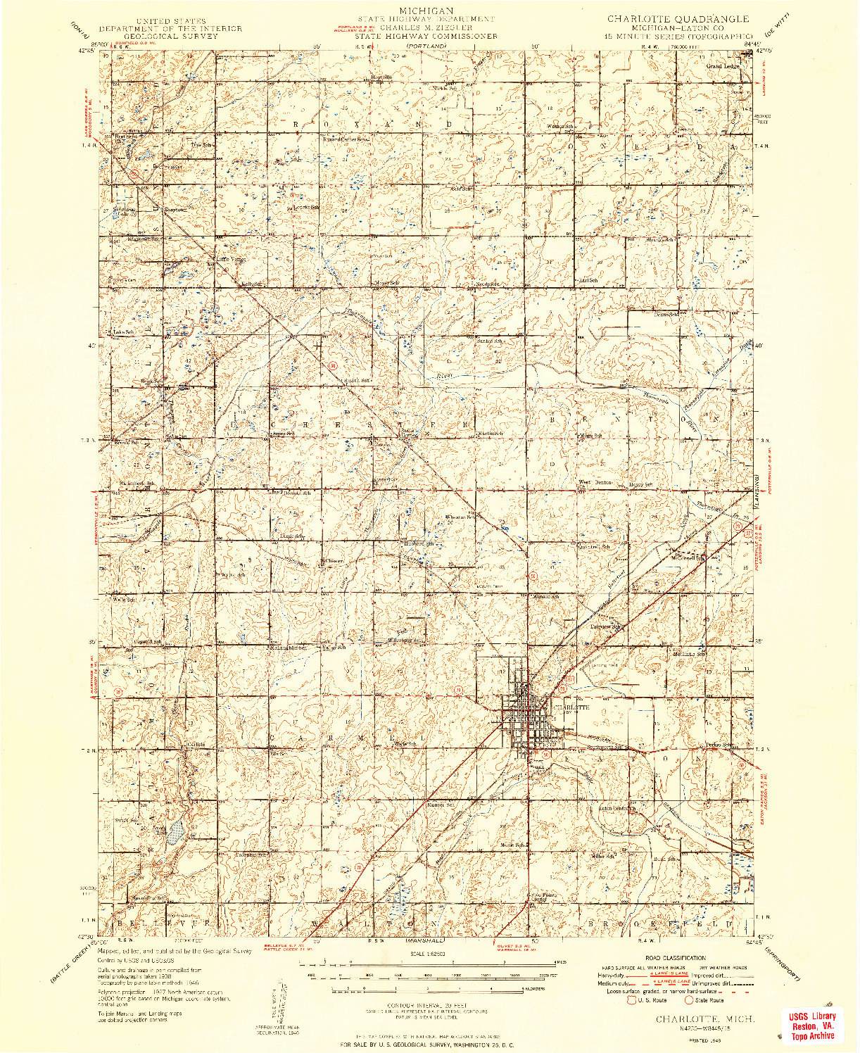 USGS 1:62500-SCALE QUADRANGLE FOR CHARLOTTE, MI 1949