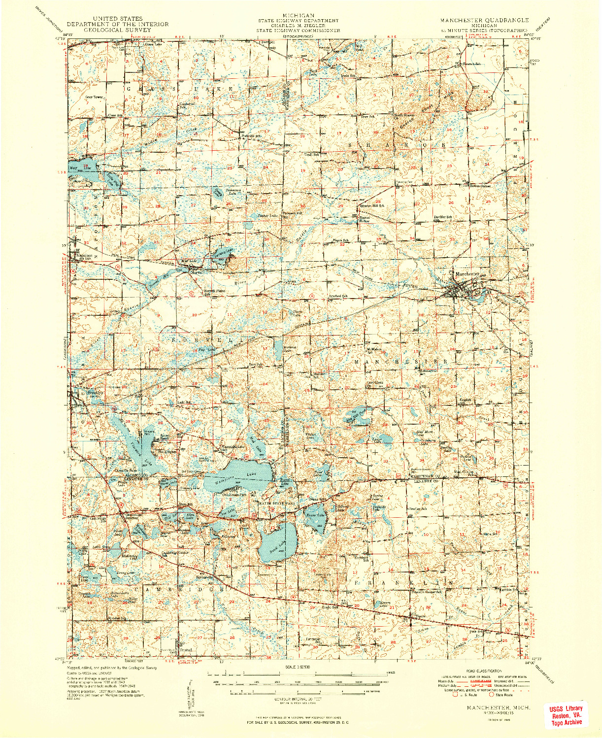 USGS 1:62500-SCALE QUADRANGLE FOR MANCHESTER, MI 1949
