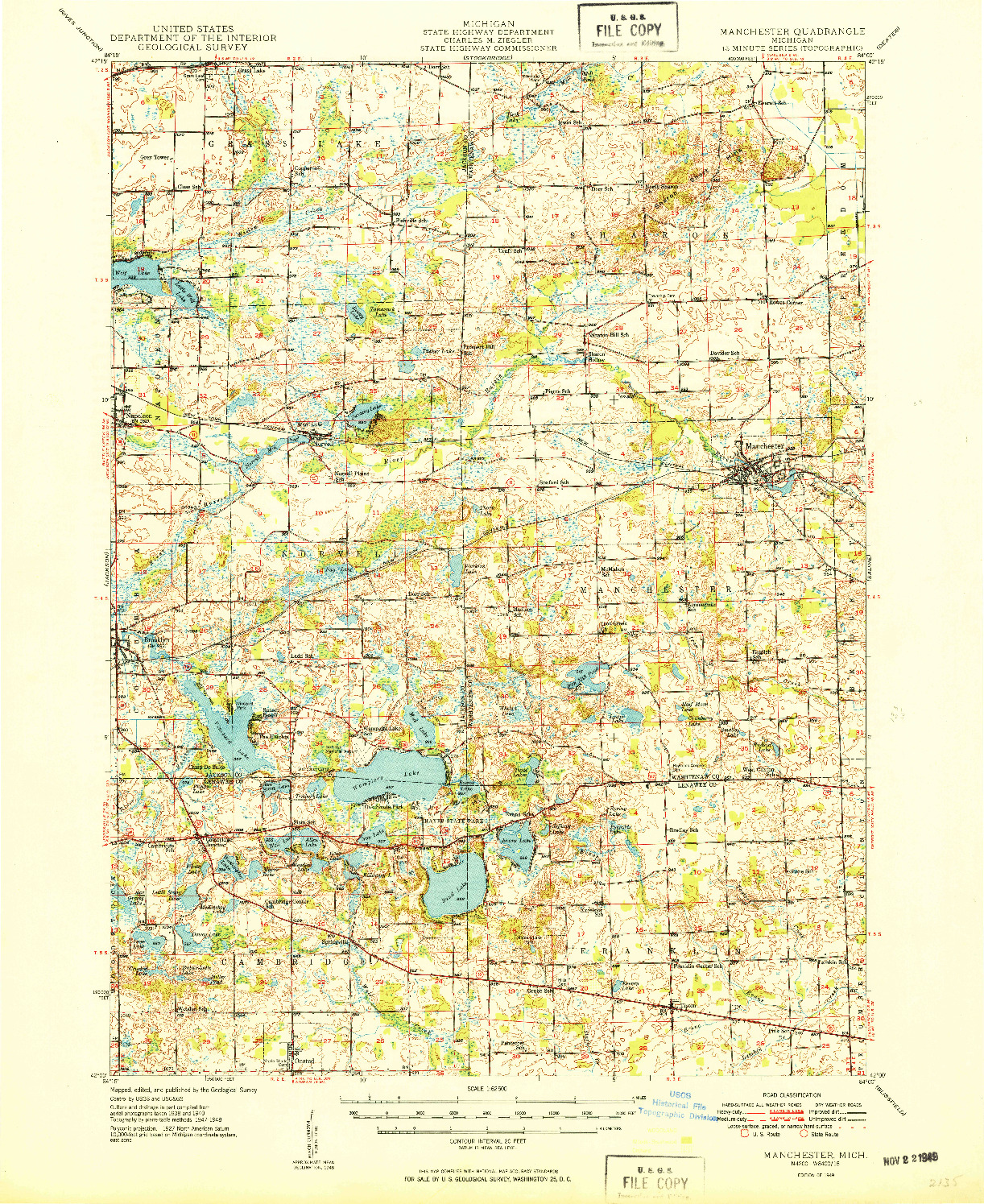USGS 1:62500-SCALE QUADRANGLE FOR MANCHESTER, MI 1949