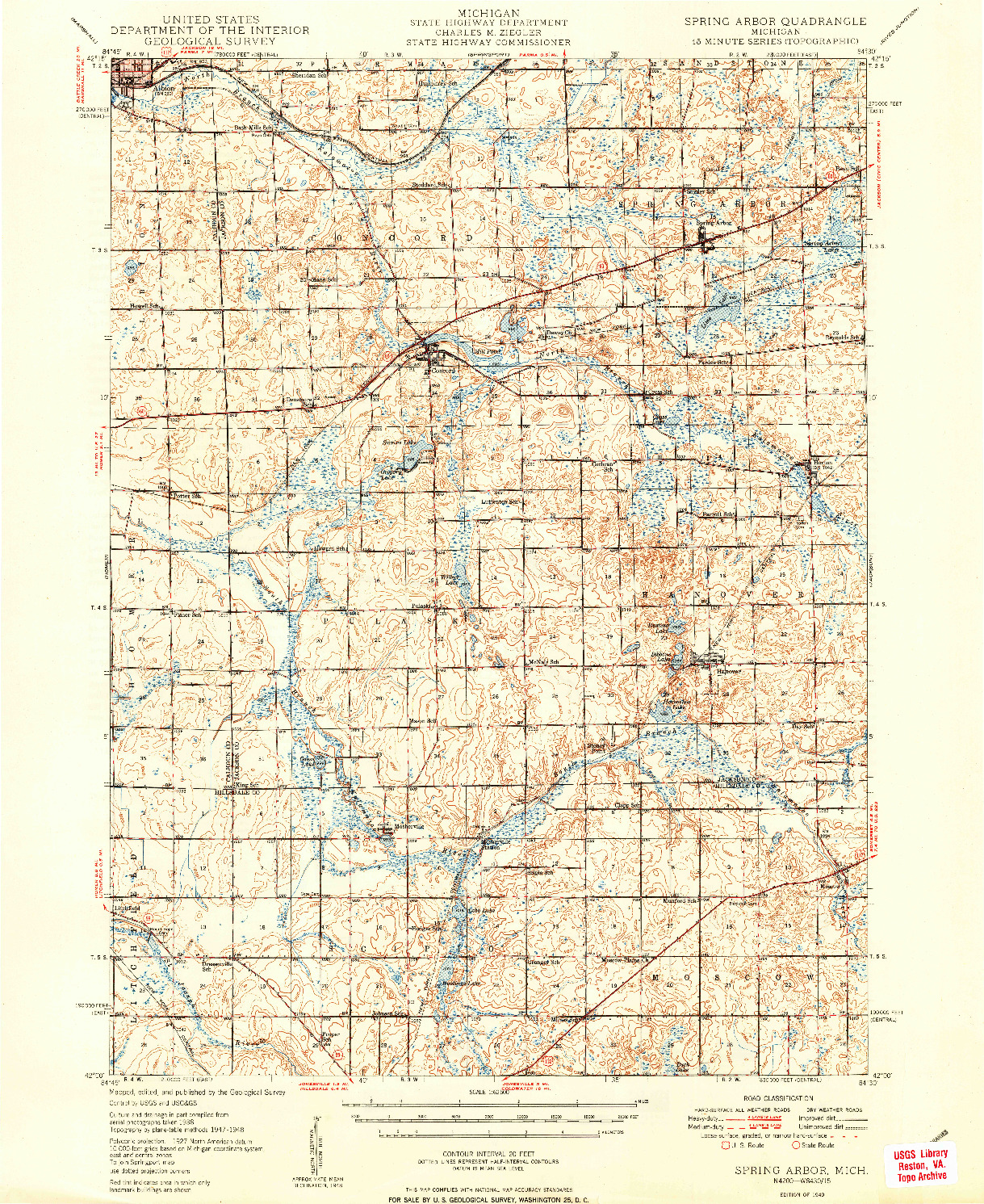USGS 1:62500-SCALE QUADRANGLE FOR SPRING ARBOR, MI 1949