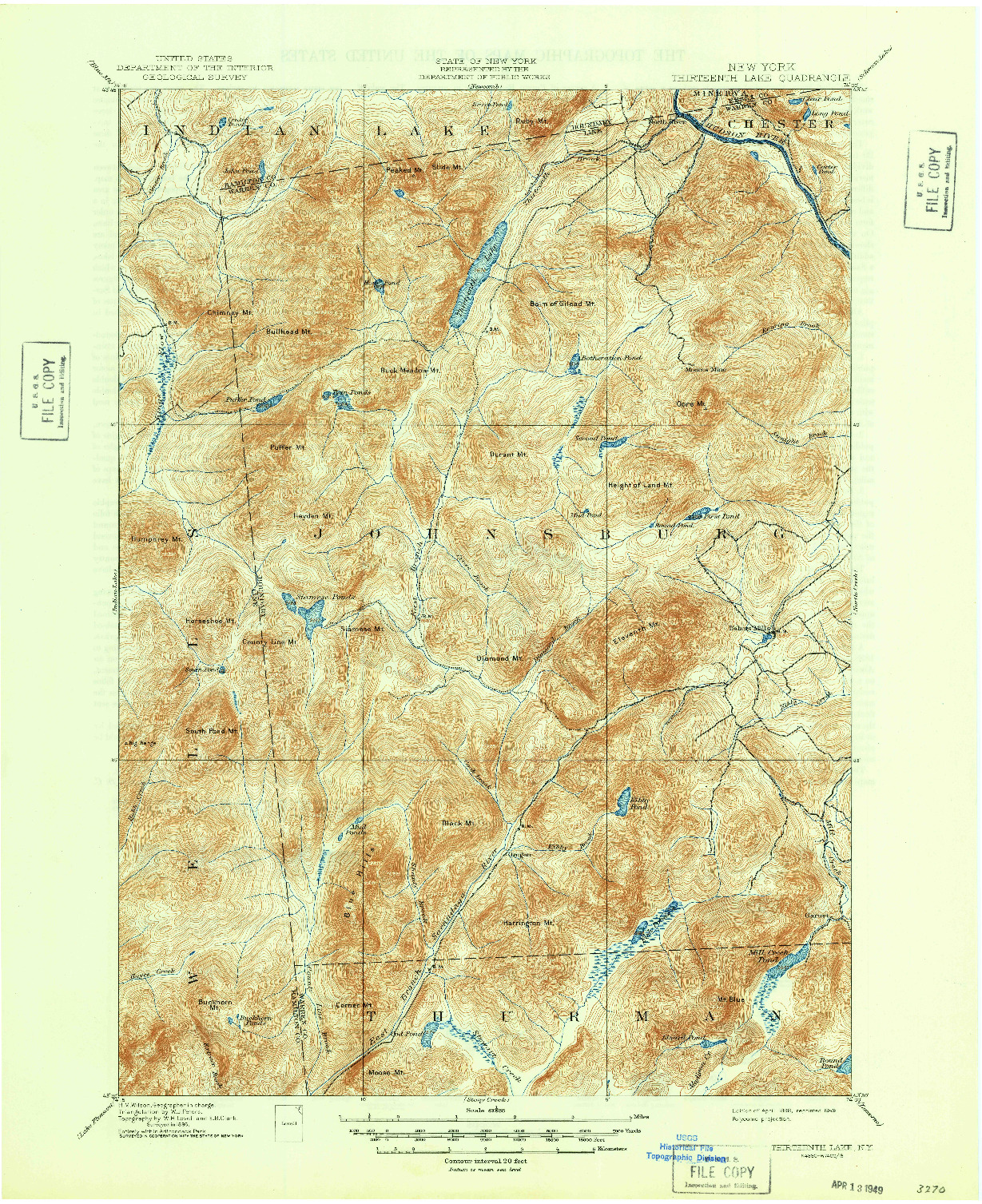 USGS 1:62500-SCALE QUADRANGLE FOR THIRTEENTH LAKE, NY 1898