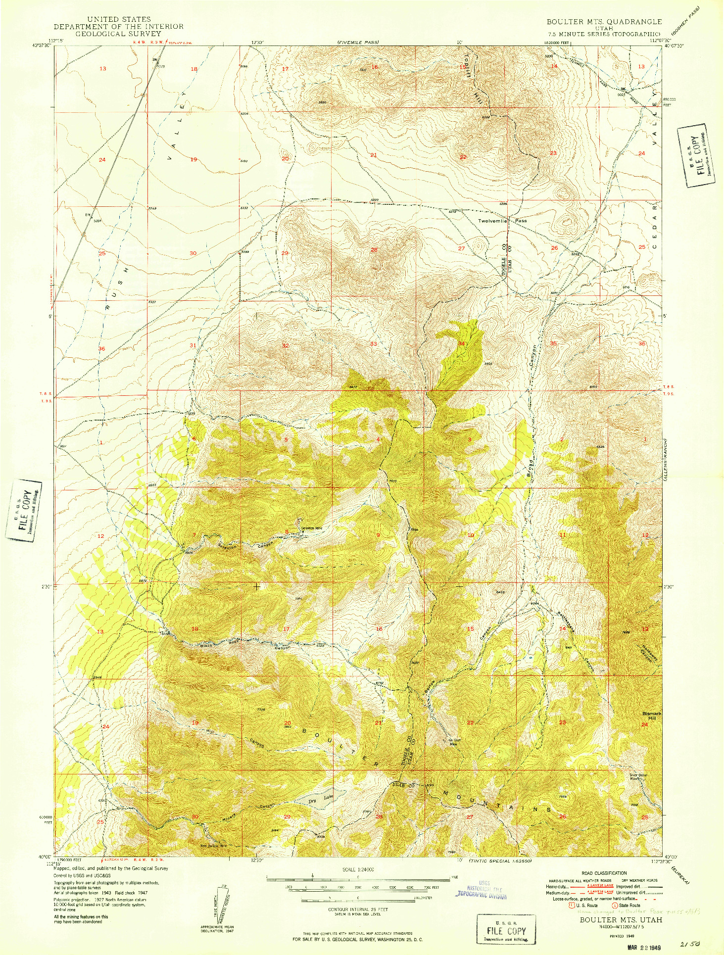 USGS 1:24000-SCALE QUADRANGLE FOR BOULTER MTS, UT 1949