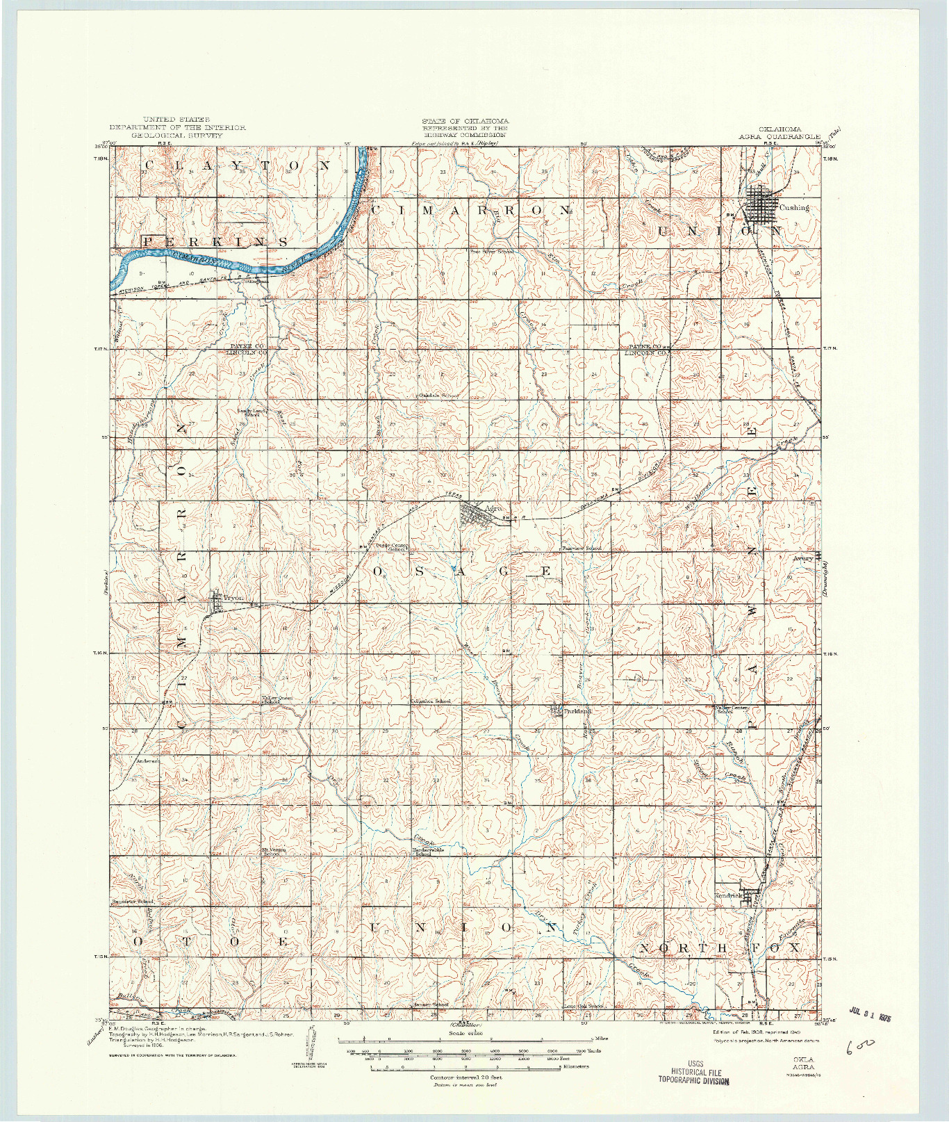 USGS 1:62500-SCALE QUADRANGLE FOR AGRA, OK 1908