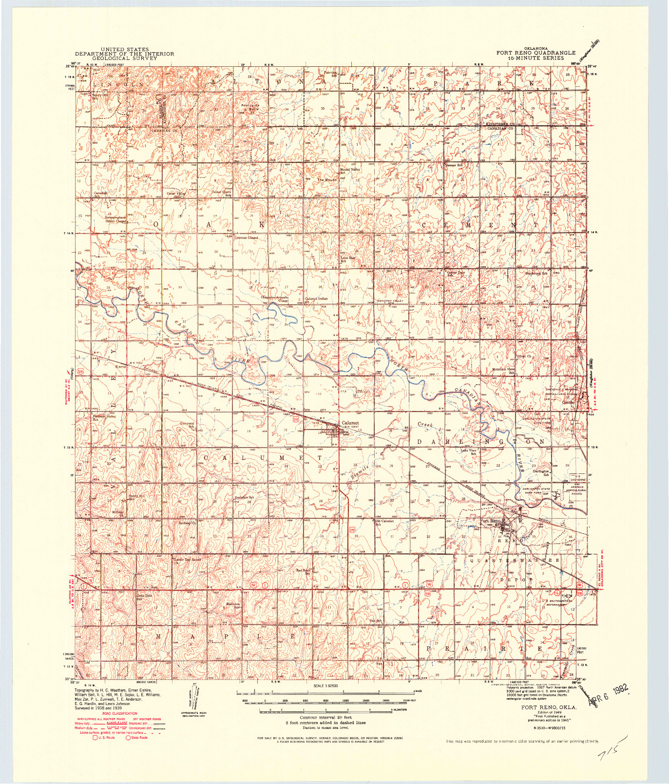 USGS 1:62500-SCALE QUADRANGLE FOR FORT RENO, OK 1941