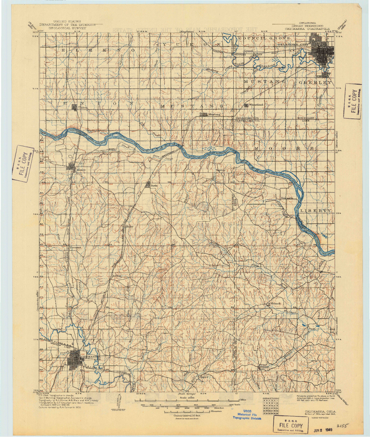 USGS 1:125000-SCALE QUADRANGLE FOR CHICKASHA, OK 1904